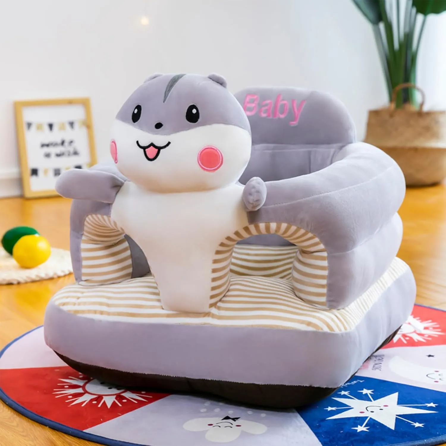 Baby Seat for 3-24 Month, Infant Back Support Floor Chair, Plush Cartoon Animals Baby Sofa, Toddler Floor Seater for Sitting Up, Portable Activity Seat for Babies (Hamster)