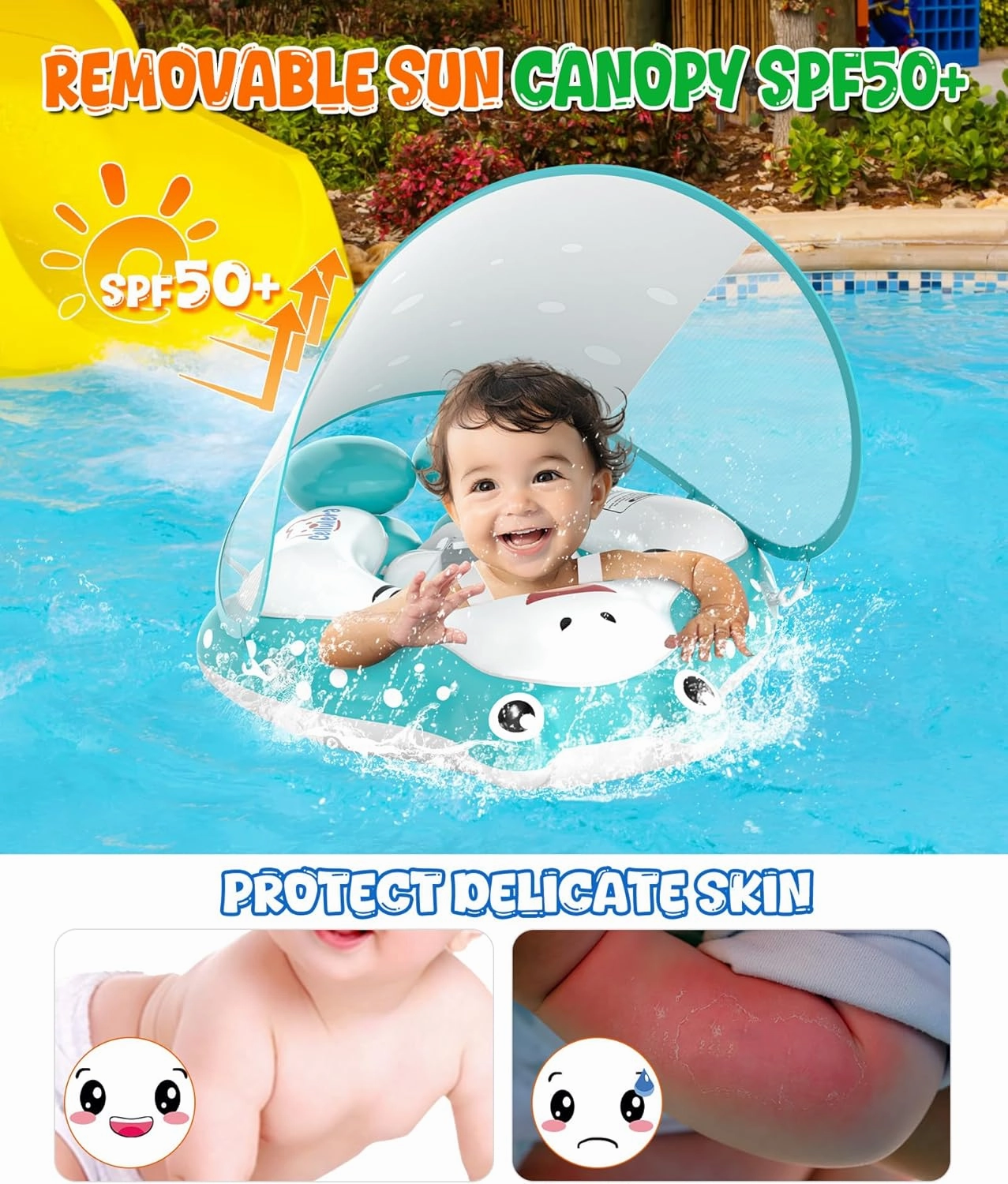 Baby Pool Float with Canopy, Cellulera Inflatable Toddler Pool Float Baby Swimming Pool Float, Adjustable Safety Seat Add Tail No Flip Over, Baby Swim Float for Age of 3-36 Months L Size