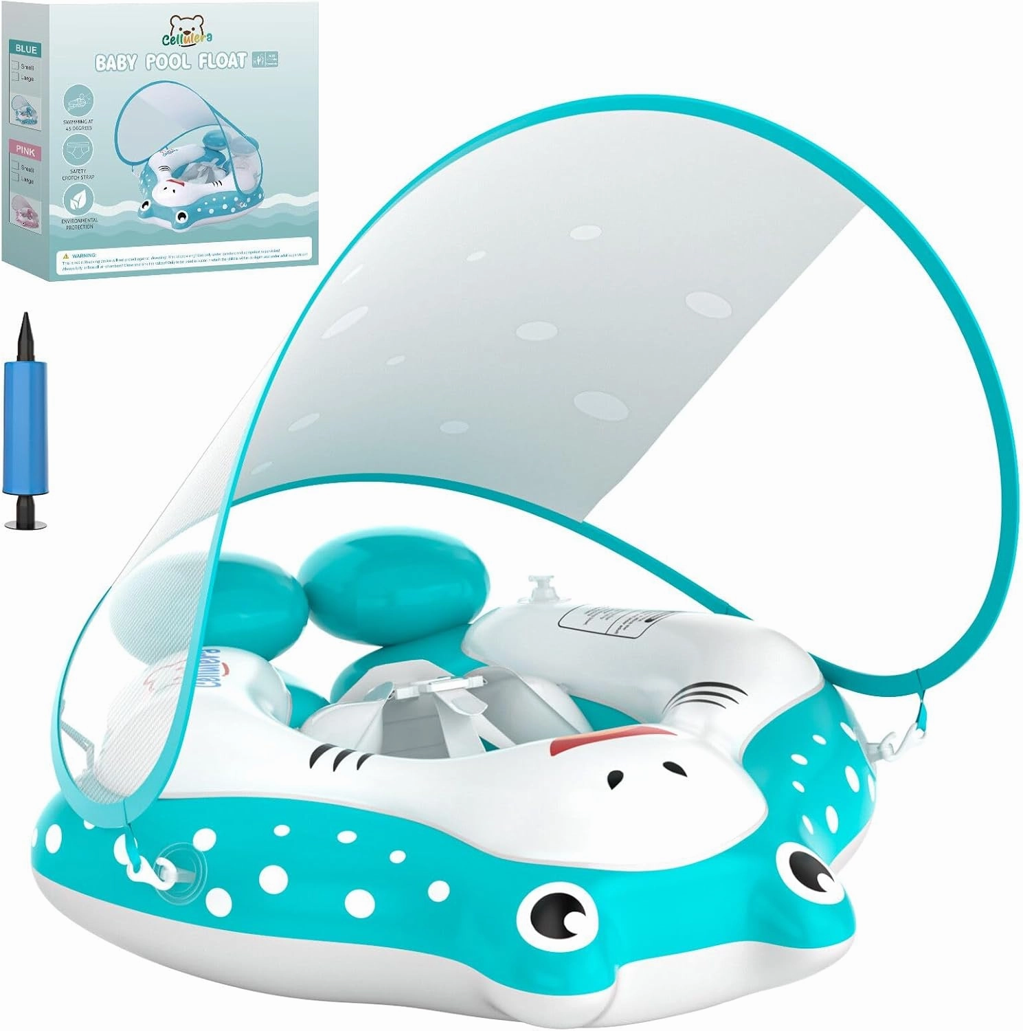 Baby Pool Float with Canopy, Cellulera Inflatable Toddler Pool Float Baby Swimming Pool Float, Adjustable Safety Seat Add Tail No Flip Over, Baby Swim Float for Age of 3-36 Months L Size