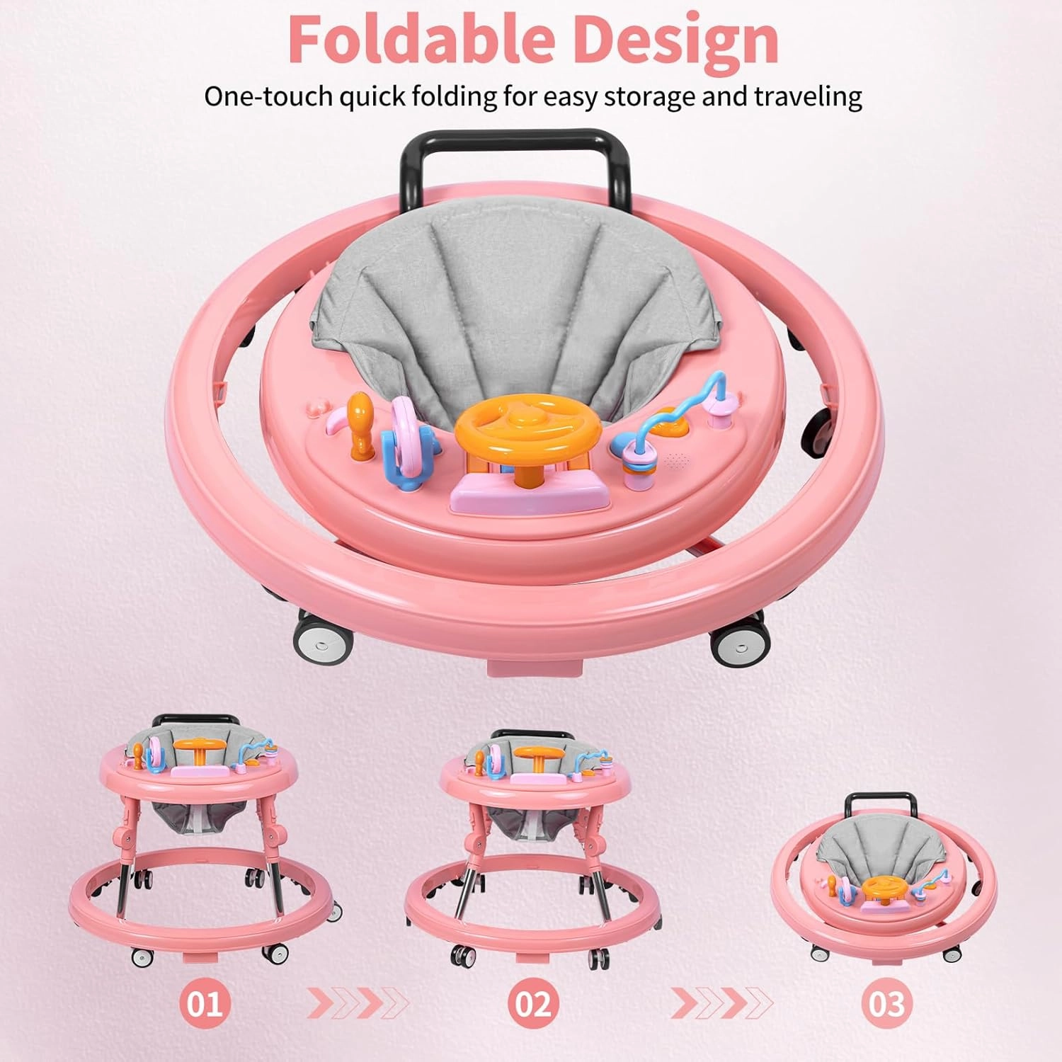 Baby Walker, Foldable 9-Gear Height Adjustable Baby Walker with Wheels, Infant Toddler Walker with Music Disk, Anti-Fall Baby Walkers and Activity Center with Foot Pads for Boys and Girls 6-24 Months
