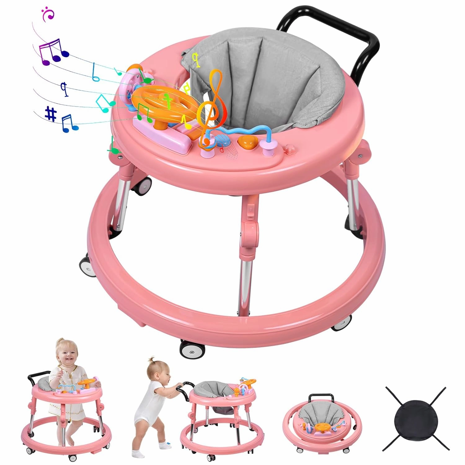 Baby Walker, Foldable 9-Gear Height Adjustable Baby Walker with Wheels, Infant Toddler Walker with Music Disk, Anti-Fall Baby Walkers and Activity Center with Foot Pads for Boys and Girls 6-24 Months