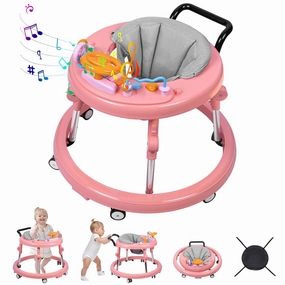 Baby Walker, Foldable 9-Gear Height Adjustable Baby Walker with Wheels, Infant Toddler Walker with Music Disk, Anti-Fall Baby Walkers and Activity Center with Foot Pads for Boys and Girls 6-24 Months