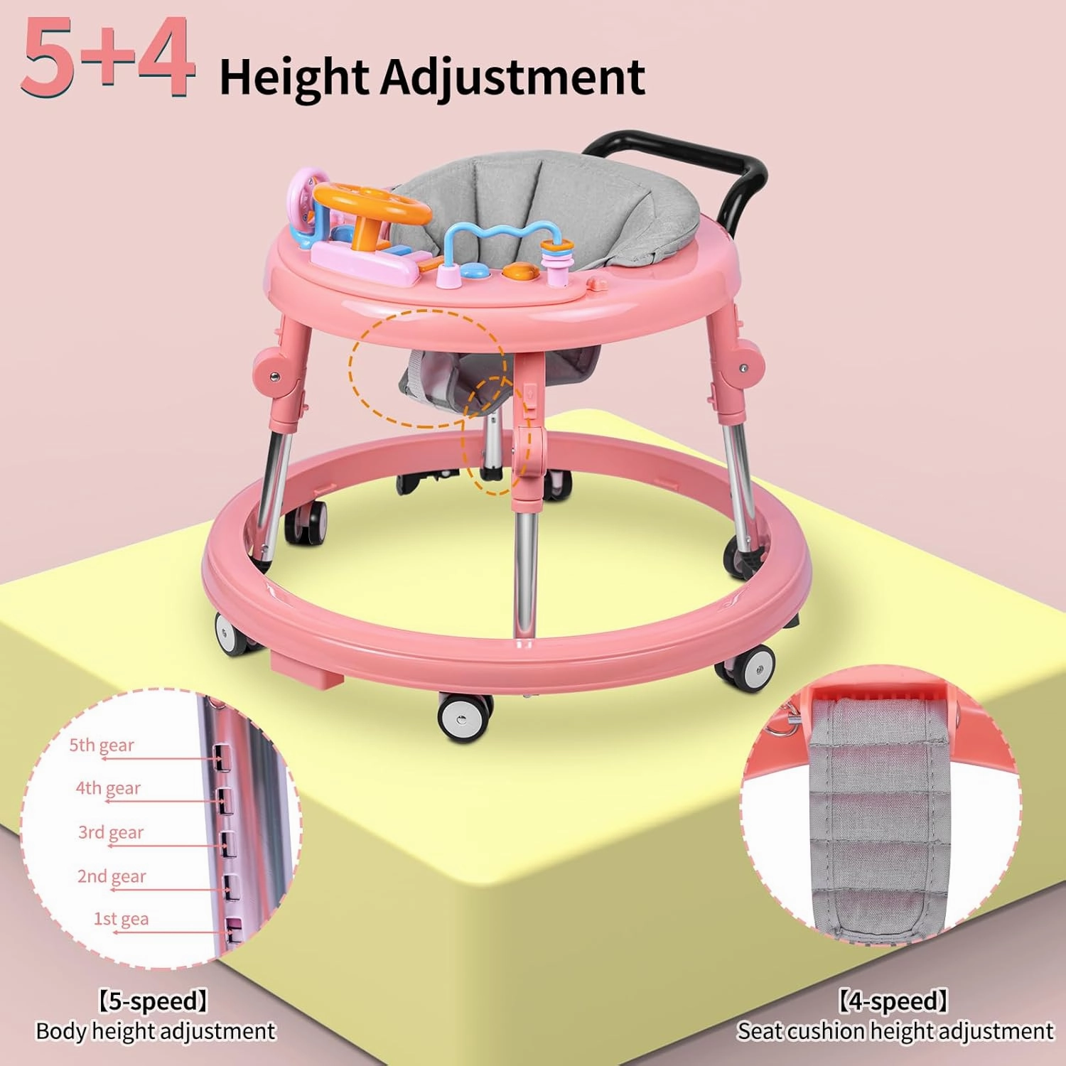 Baby Walker, Foldable 9-Gear Height Adjustable Baby Walker with Wheels, Infant Toddler Walker with Music Disk, Anti-Fall Baby Walkers and Activity Center with Foot Pads for Boys and Girls 6-24 Months