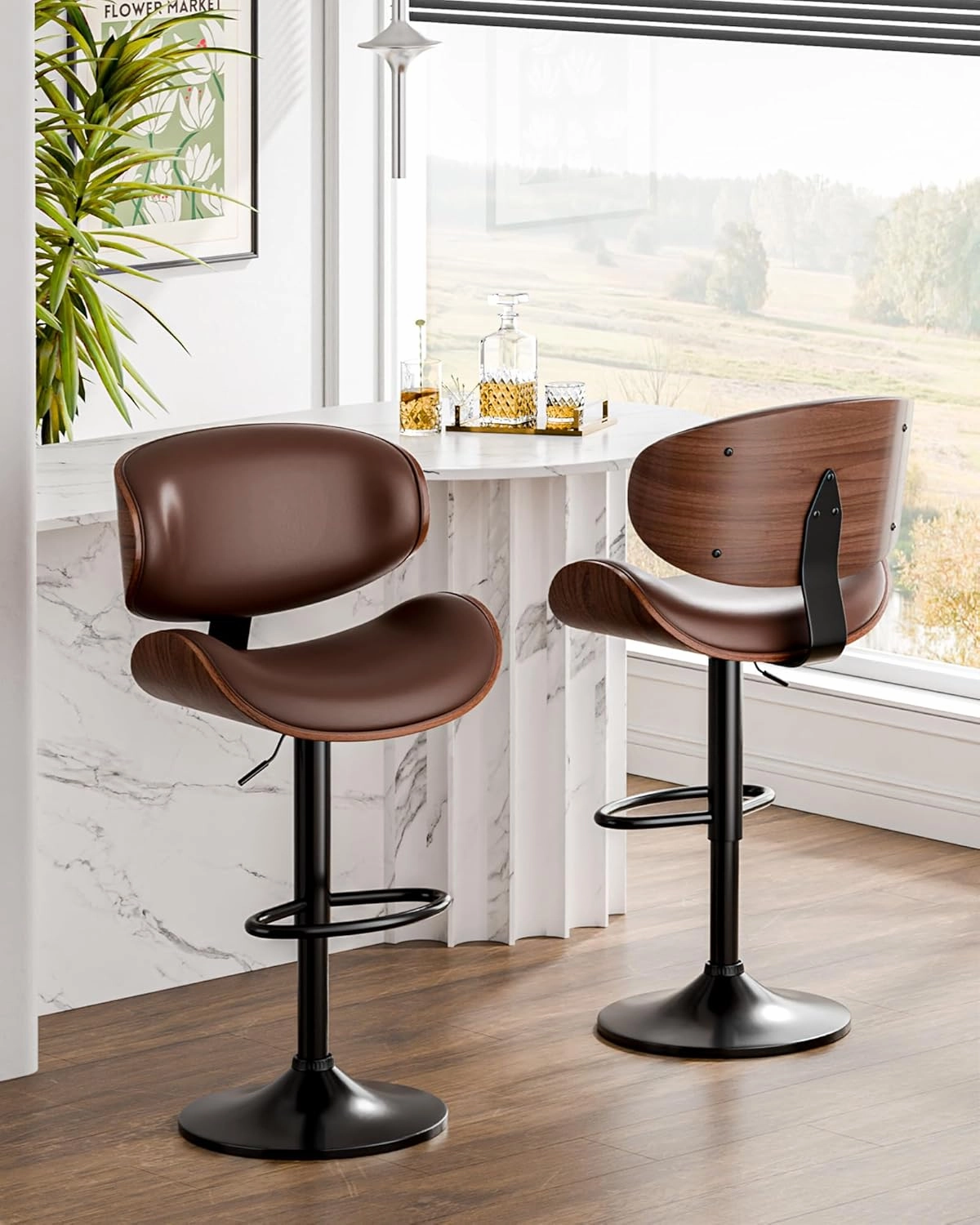 Bar Stools Set of 2, Adjustable Swivel Leather Bar Stools for Kitchen Island, Mid Century Modern Counter Height Bar Chairs Barstools with Back & Footrest (Brown)