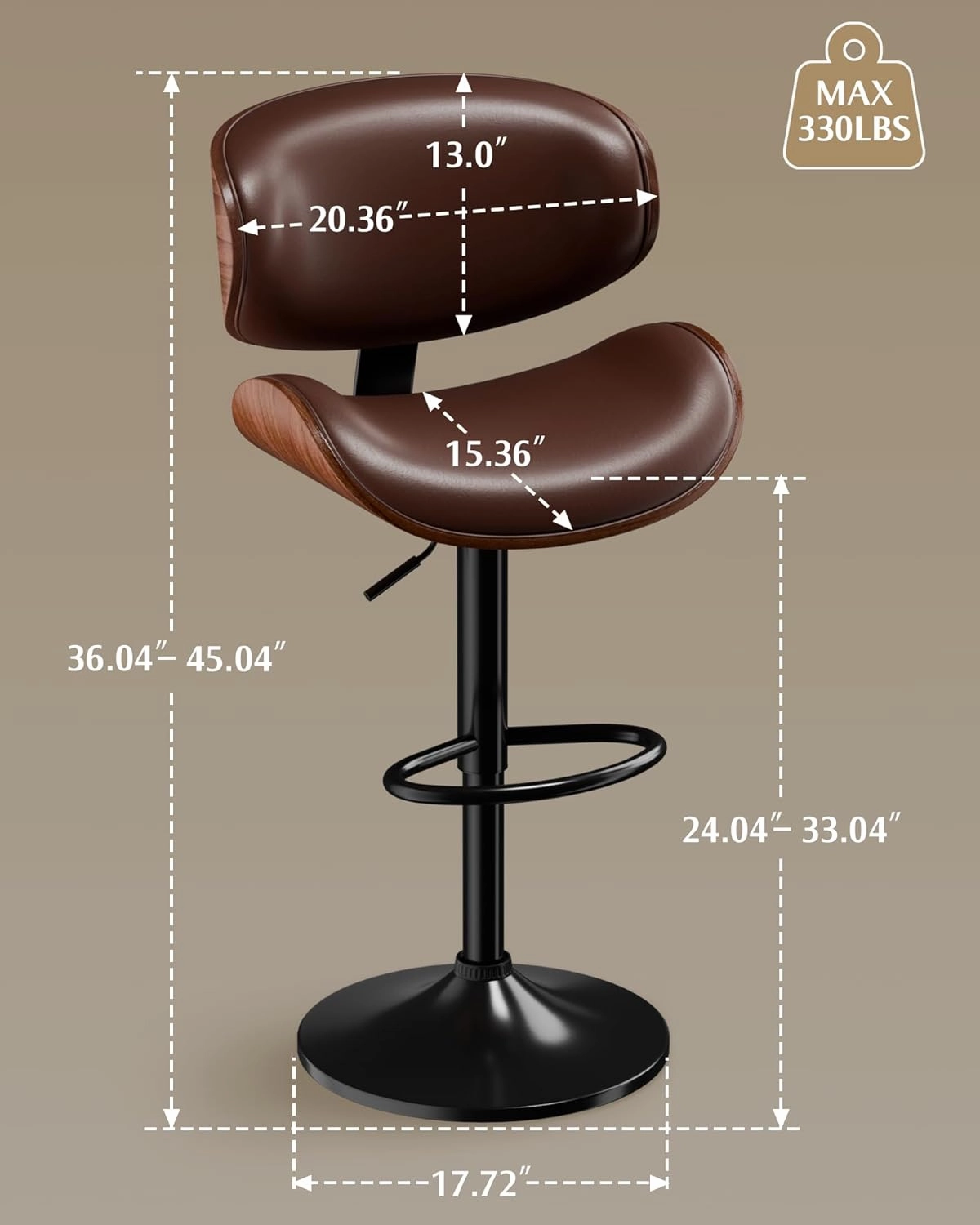 Bar Stools Set of 2, Adjustable Swivel Leather Bar Stools for Kitchen Island, Mid Century Modern Counter Height Bar Chairs Barstools with Back & Footrest (Brown)