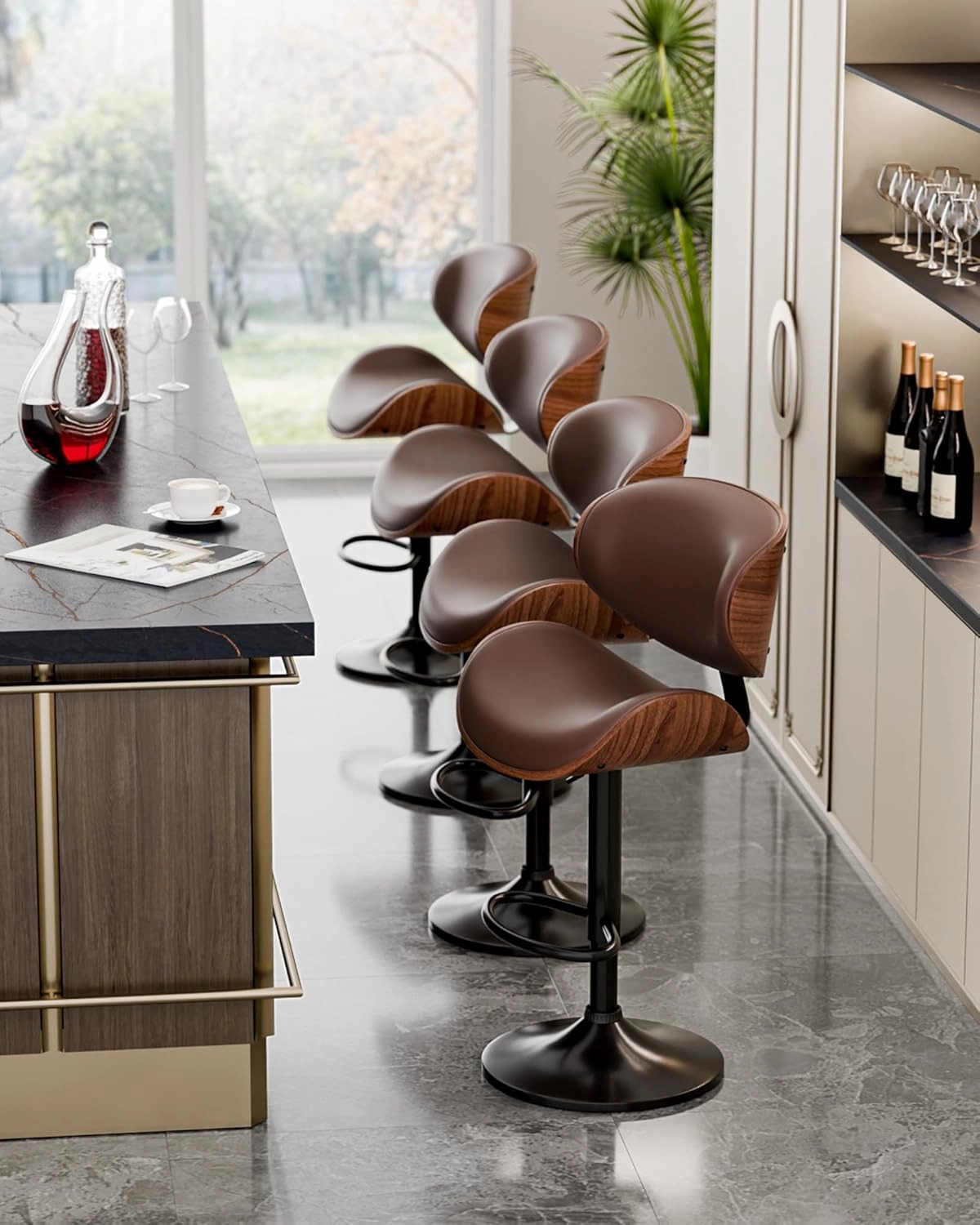 Bar Stools Set of 2, Adjustable Swivel Leather Bar Stools for Kitchen Island, Mid Century Modern Counter Height Bar Chairs Barstools with Back & Footrest (Brown)
