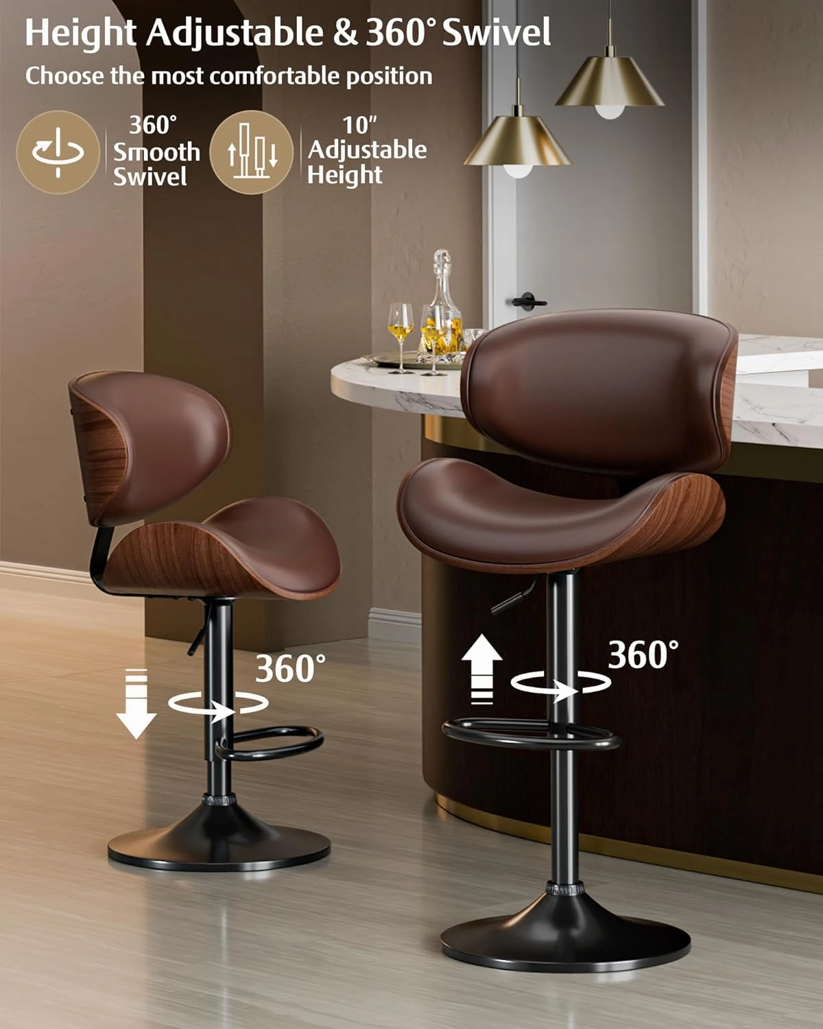 Bar Stools Set of 2, Adjustable Swivel Leather Bar Stools for Kitchen Island, Mid Century Modern Counter Height Bar Chairs Barstools with Back & Footrest (Brown)