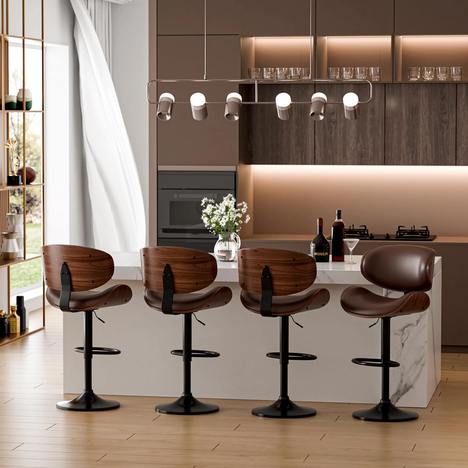 Bar Stools Set of 2, Adjustable Swivel Leather Bar Stools for Kitchen Island, Mid Century Modern Counter Height Bar Chairs Barstools with Back & Footrest (Brown)