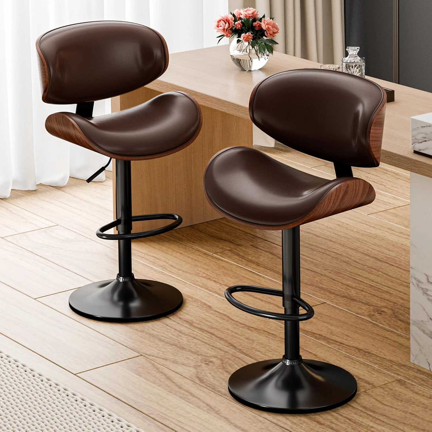 Bar Stools Set of 2, Adjustable Swivel Leather Bar Stools for Kitchen Island, Mid Century Modern Counter Height Bar Chairs Barstools with Back & Footrest (Brown)