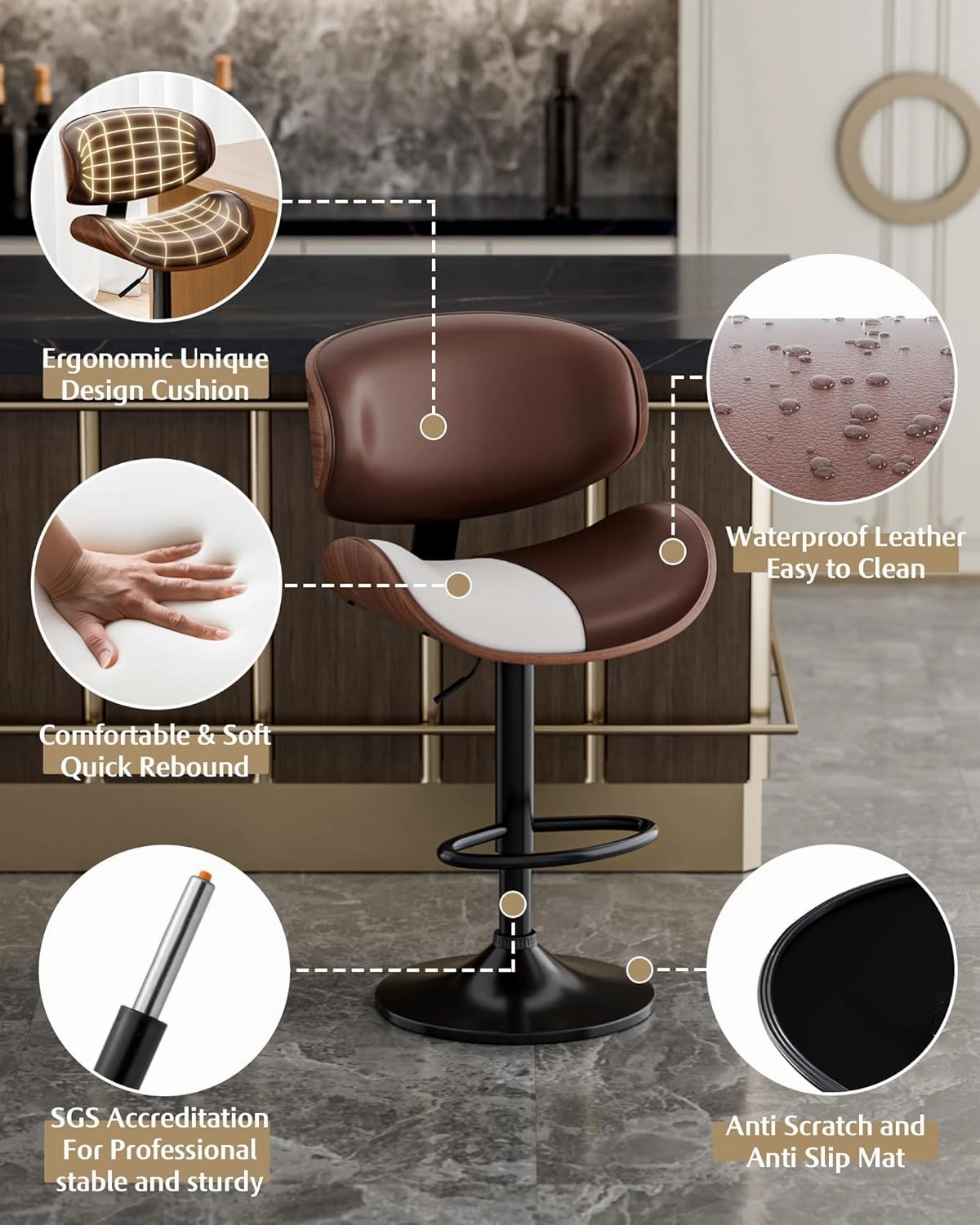 Bar Stools Set of 2, Adjustable Swivel Leather Bar Stools for Kitchen Island, Mid Century Modern Counter Height Bar Chairs Barstools with Back & Footrest (Brown)