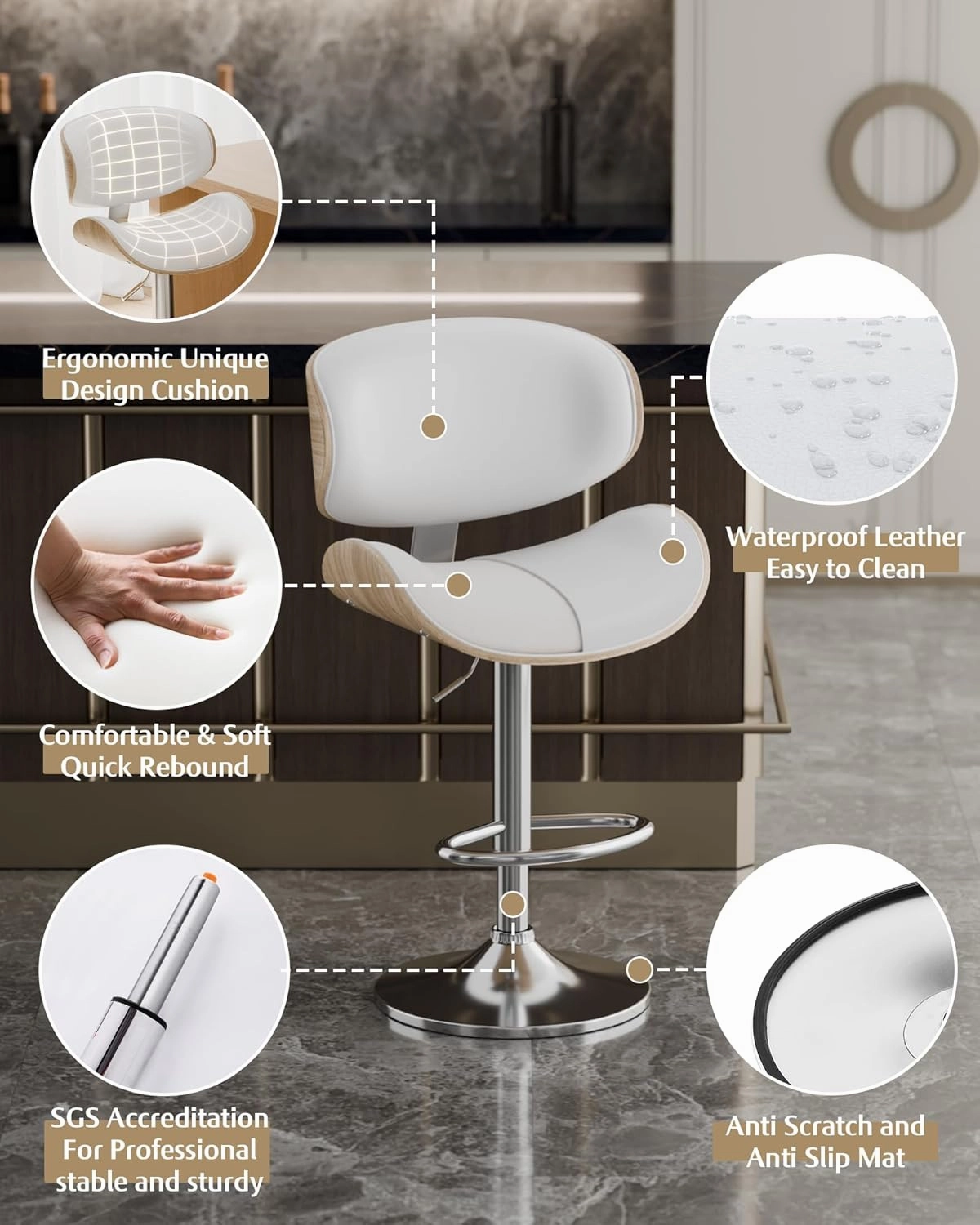 Bar Stools Set of 2, Adjustable Swivel Leather Bar Stools for Kitchen Island, Mid Century Modern Counter Height Bar Chairs Barstools with Back & Footrest (Cream White)