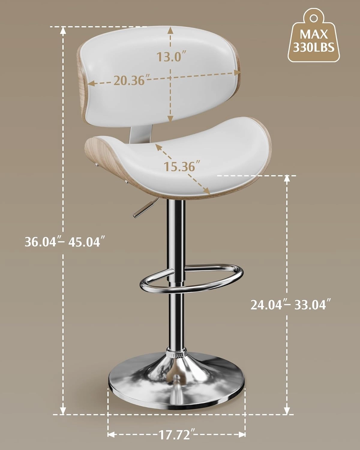 Bar Stools Set of 2, Adjustable Swivel Leather Bar Stools for Kitchen Island, Mid Century Modern Counter Height Bar Chairs Barstools with Back & Footrest (Cream White)