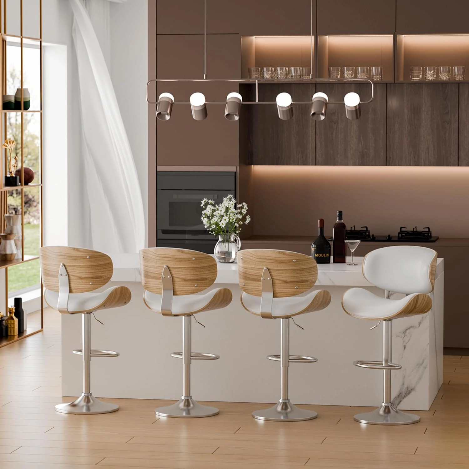 Bar Stools Set of 2, Adjustable Swivel Leather Bar Stools for Kitchen Island, Mid Century Modern Counter Height Bar Chairs Barstools with Back & Footrest (Cream White)