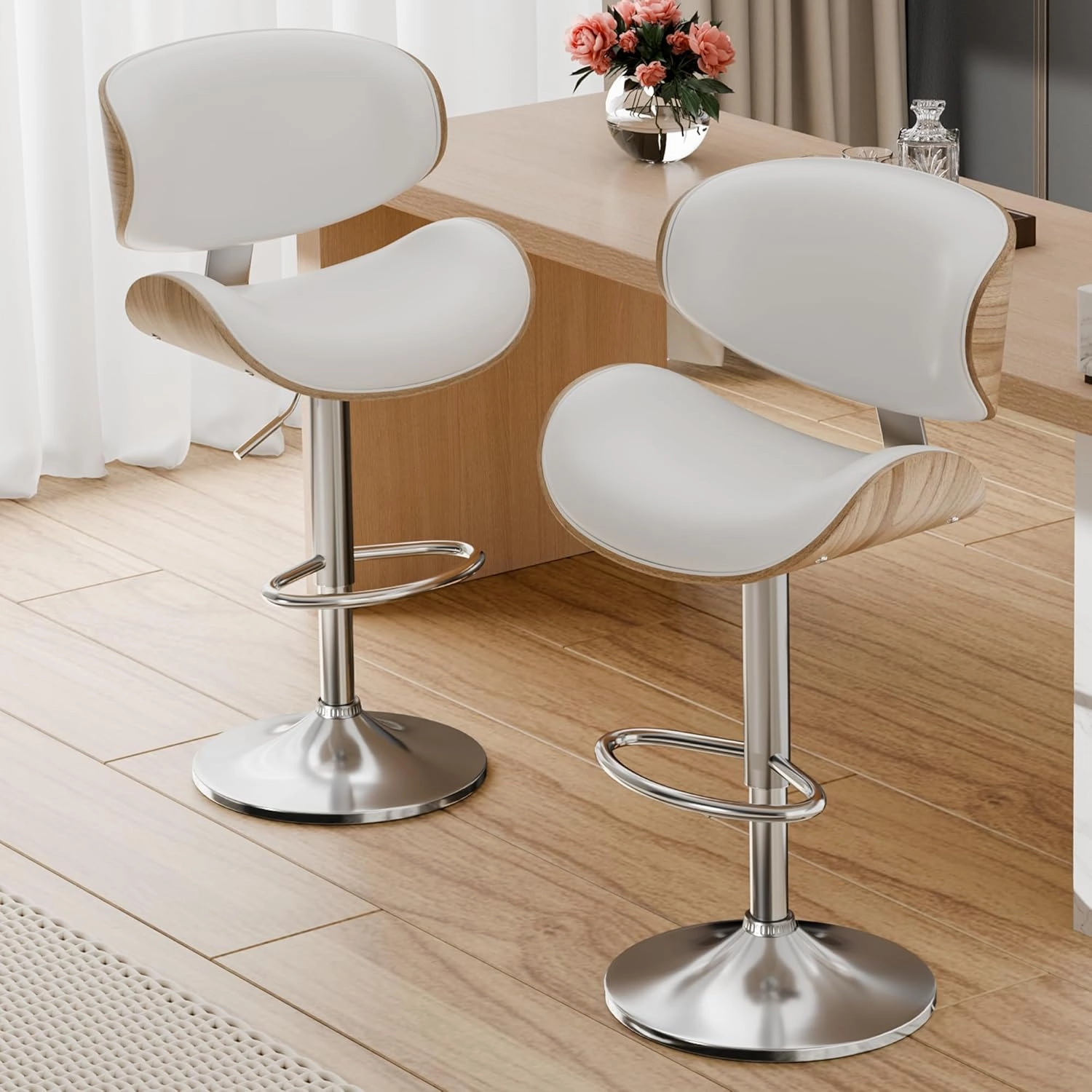 Bar Stools Set of 2, Adjustable Swivel Leather Bar Stools for Kitchen Island, Mid Century Modern Counter Height Bar Chairs Barstools with Back & Footrest (Cream White)