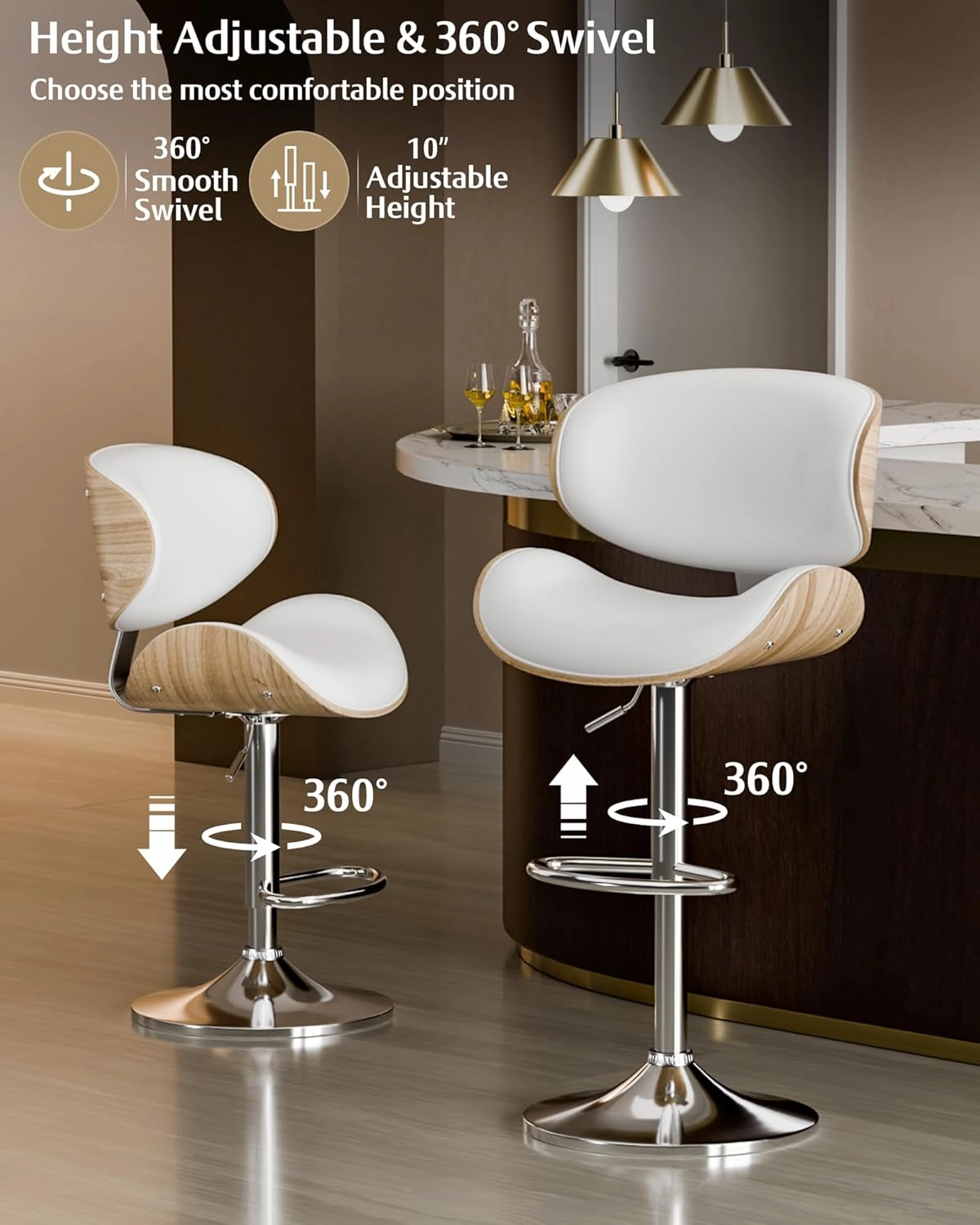 Bar Stools Set of 2, Adjustable Swivel Leather Bar Stools for Kitchen Island, Mid Century Modern Counter Height Bar Chairs Barstools with Back & Footrest (Cream White)