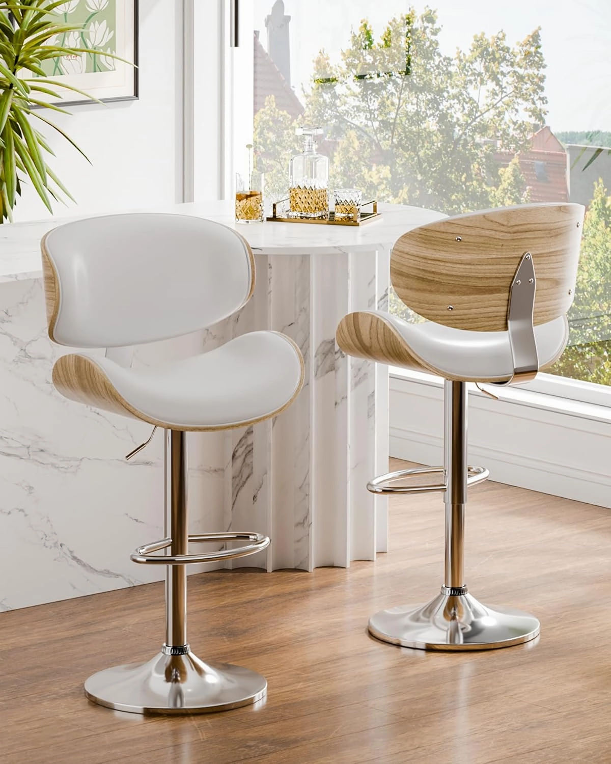 Bar Stools Set of 2, Adjustable Swivel Leather Bar Stools for Kitchen Island, Mid Century Modern Counter Height Bar Chairs Barstools with Back & Footrest (Cream White)
