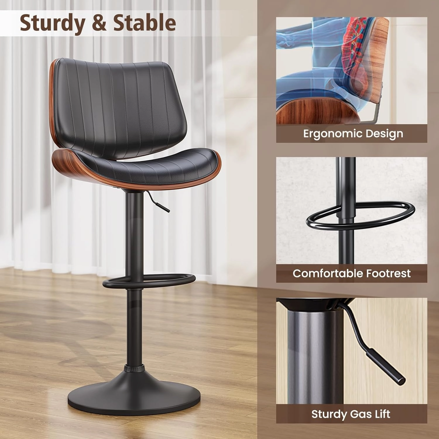Bar Stools Set of 2, Bar Stools for Kitchen Island with Bentwood Back and Leather Seat, Swivel Barstools for Kitchen Counter, Bar, Black