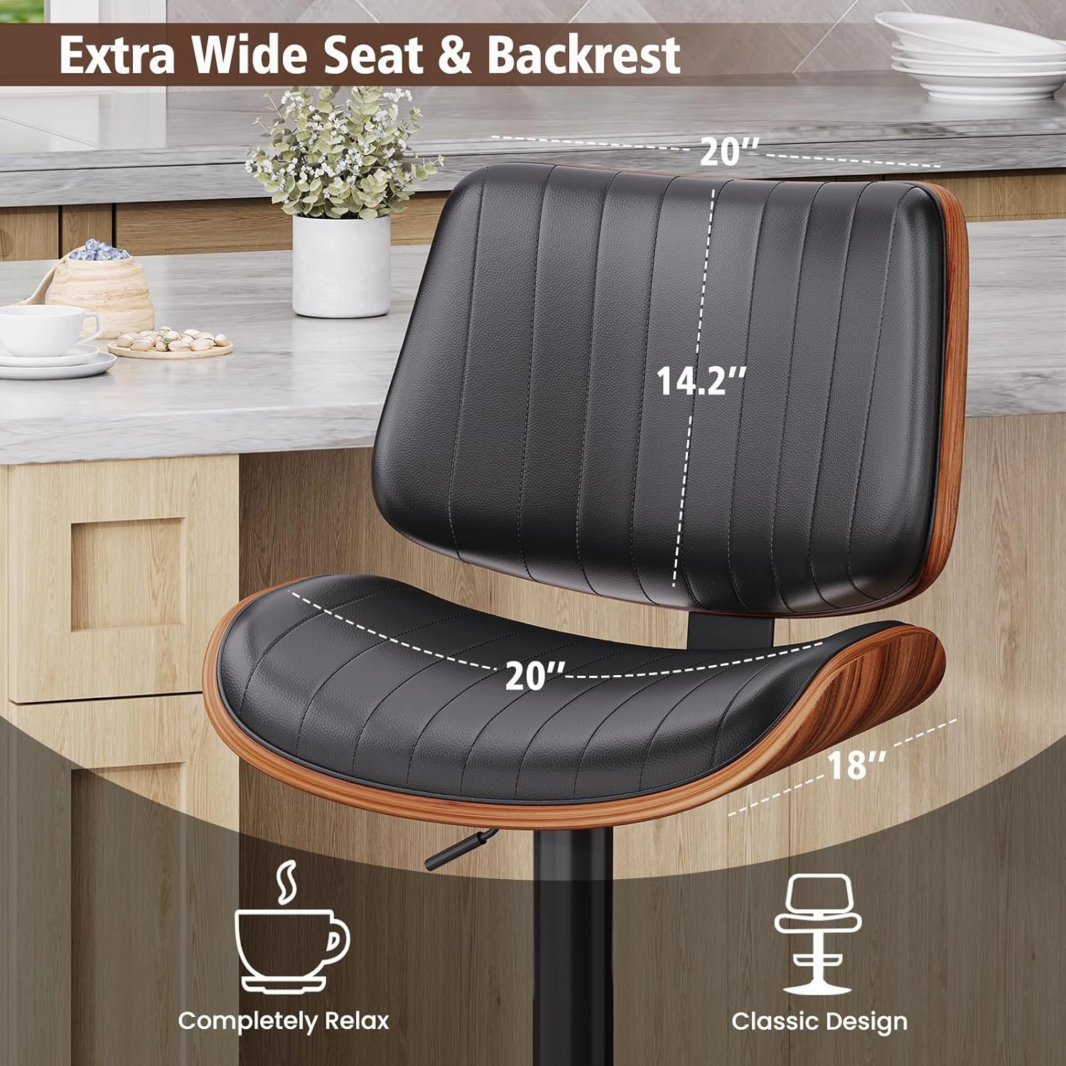 Bar Stools Set of 2, Bar Stools for Kitchen Island with Bentwood Back and Leather Seat, Swivel Barstools for Kitchen Counter, Bar, Black