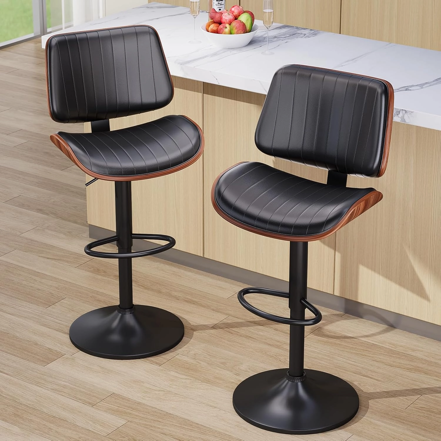 Bar Stools Set of 2, Bar Stools for Kitchen Island with Bentwood Back and Leather Seat, Swivel Barstools for Kitchen Counter, Bar, Black