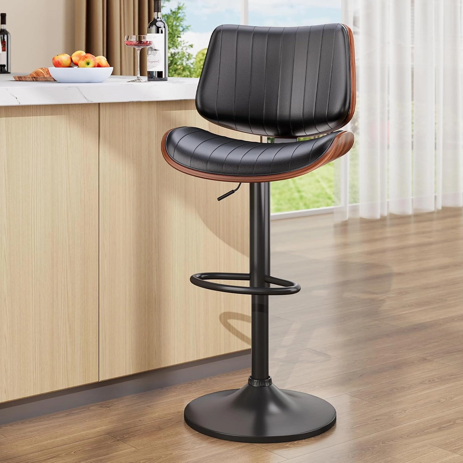 Bar Stools Set of 2, Bar Stools for Kitchen Island with Bentwood Back and Leather Seat, Swivel Barstools for Kitchen Counter, Bar, Black