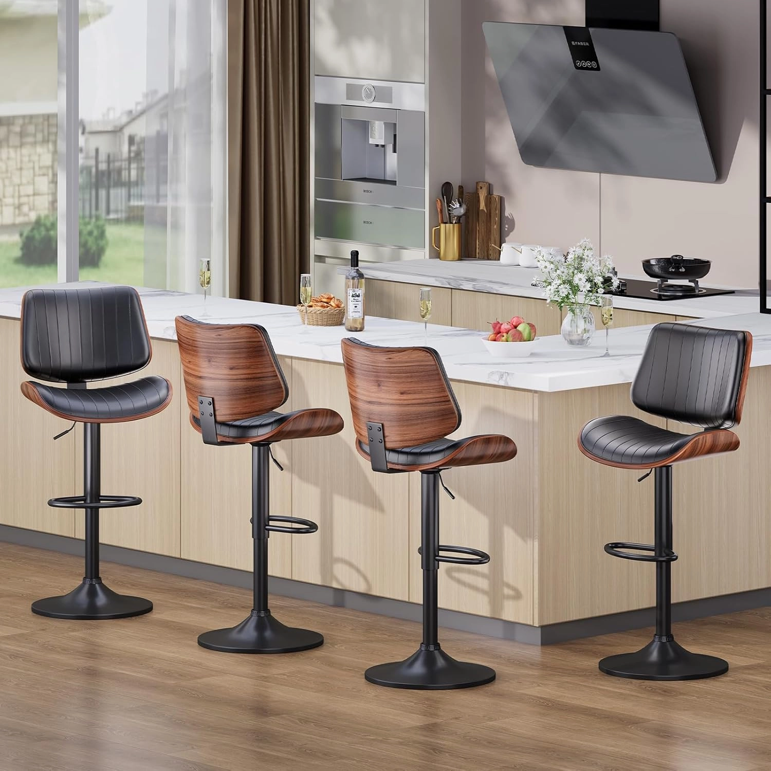 Bar Stools Set of 2, Bar Stools for Kitchen Island with Bentwood Back and Leather Seat, Swivel Barstools for Kitchen Counter, Bar, Black
