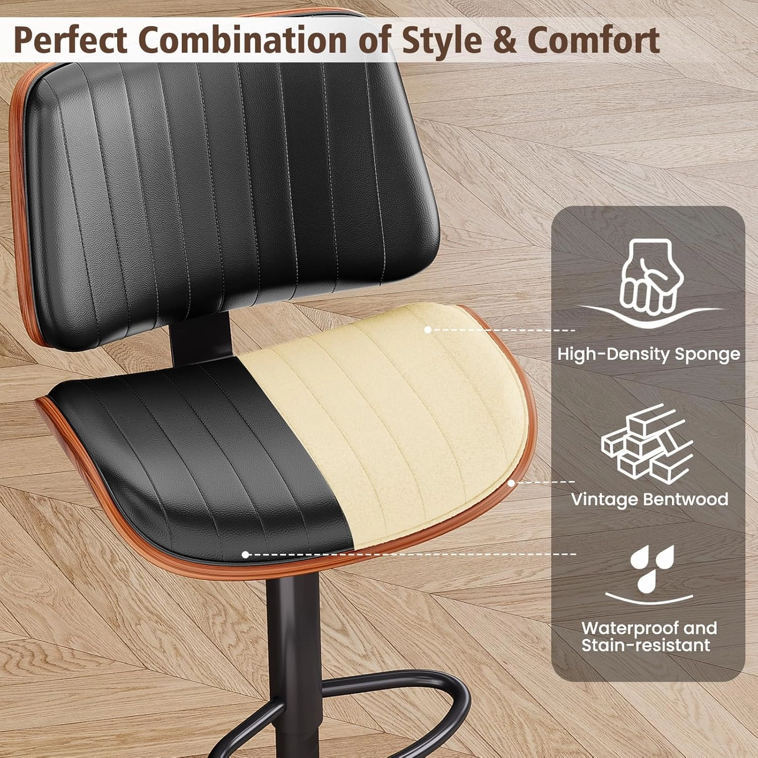 Bar Stools Set of 2, Bar Stools for Kitchen Island with Bentwood Back and Leather Seat, Swivel Barstools for Kitchen Counter, Bar, Black