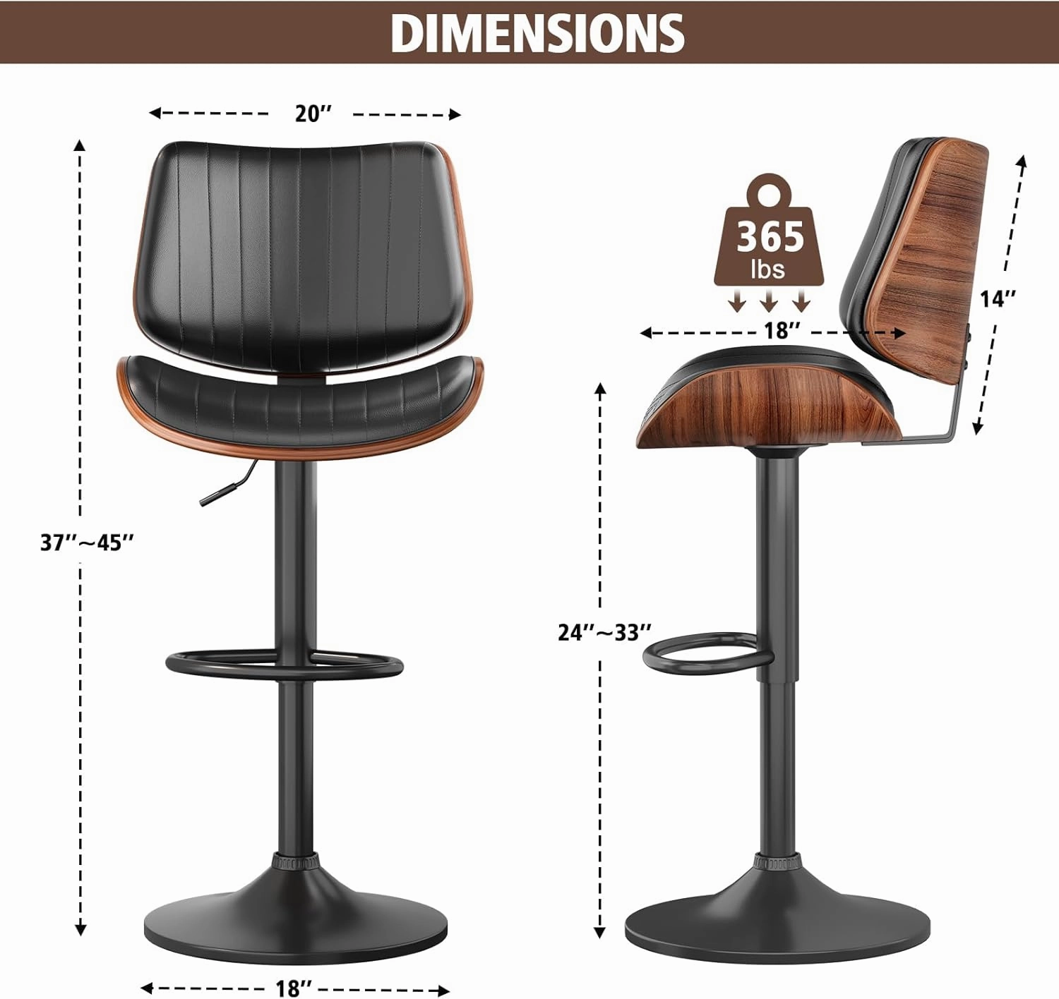 Bar Stools Set of 2, Bar Stools for Kitchen Island with Bentwood Back and Leather Seat, Swivel Barstools for Kitchen Counter, Bar, Black