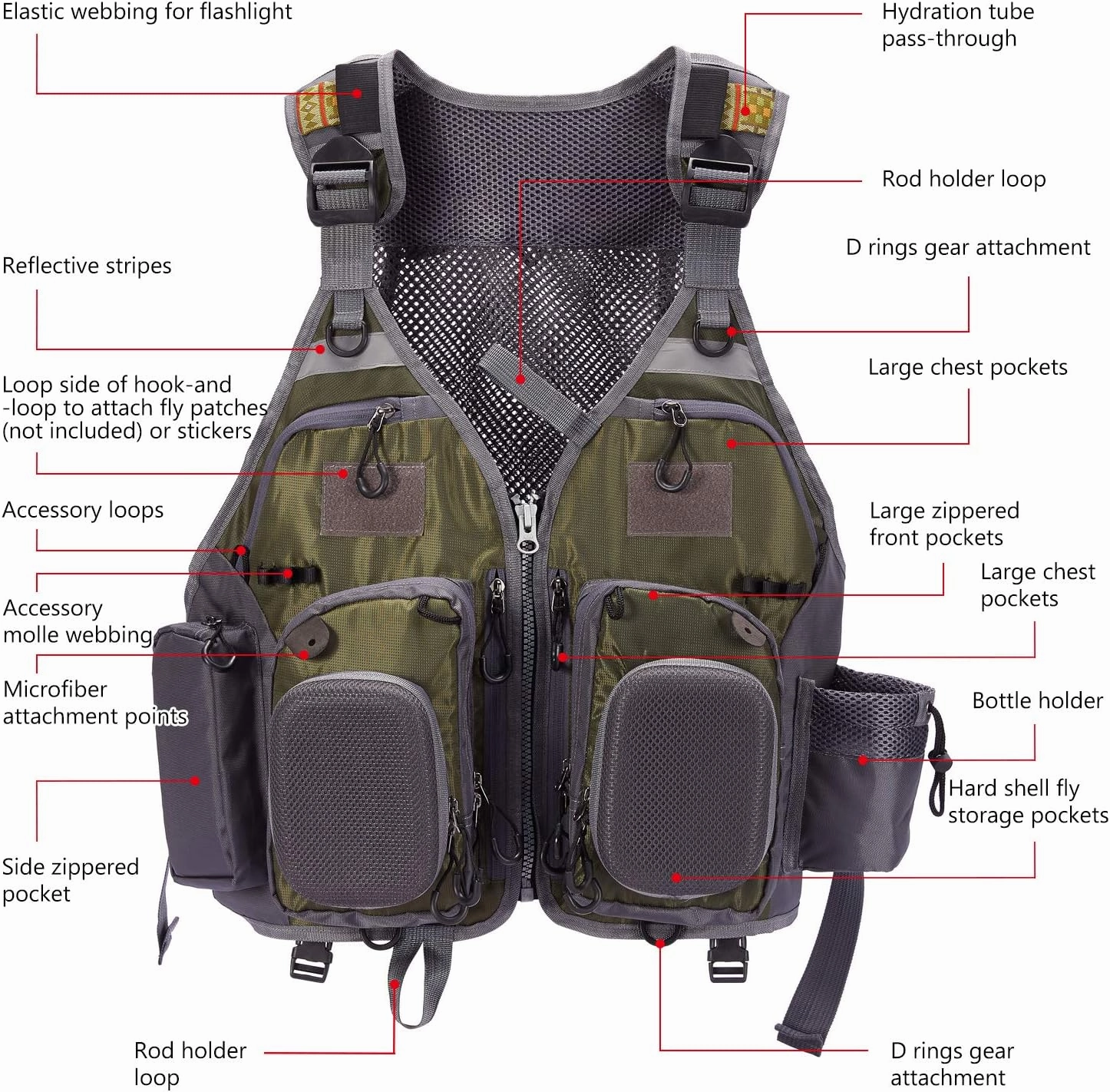 BASSDASH Fly Fishing Vest Multi Pocket Waistcoat Adjustable Size Gifts for Men Women