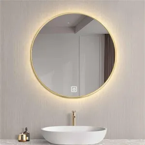Bathroom Mirror, 3-Color Dimmable Round HD Makeup Mirror with Adjustable Brightness with Frame(Gold,28" L x 28" W)