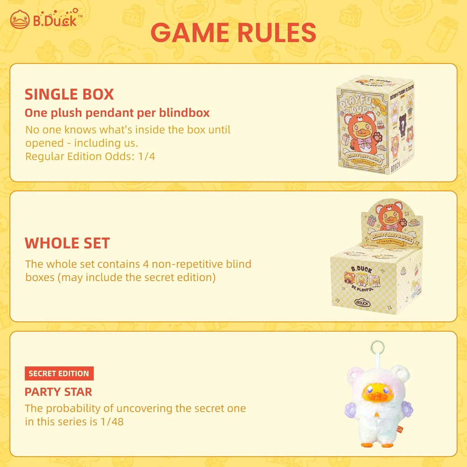 B.Duck Plush Blind Box Hugging Bear Series Cute Duck Vinyl Plush Keychain Figures, Scented Collectible Toys with Surprise Characters, Standing Design for Desk Décor, Gifts (Single Box)