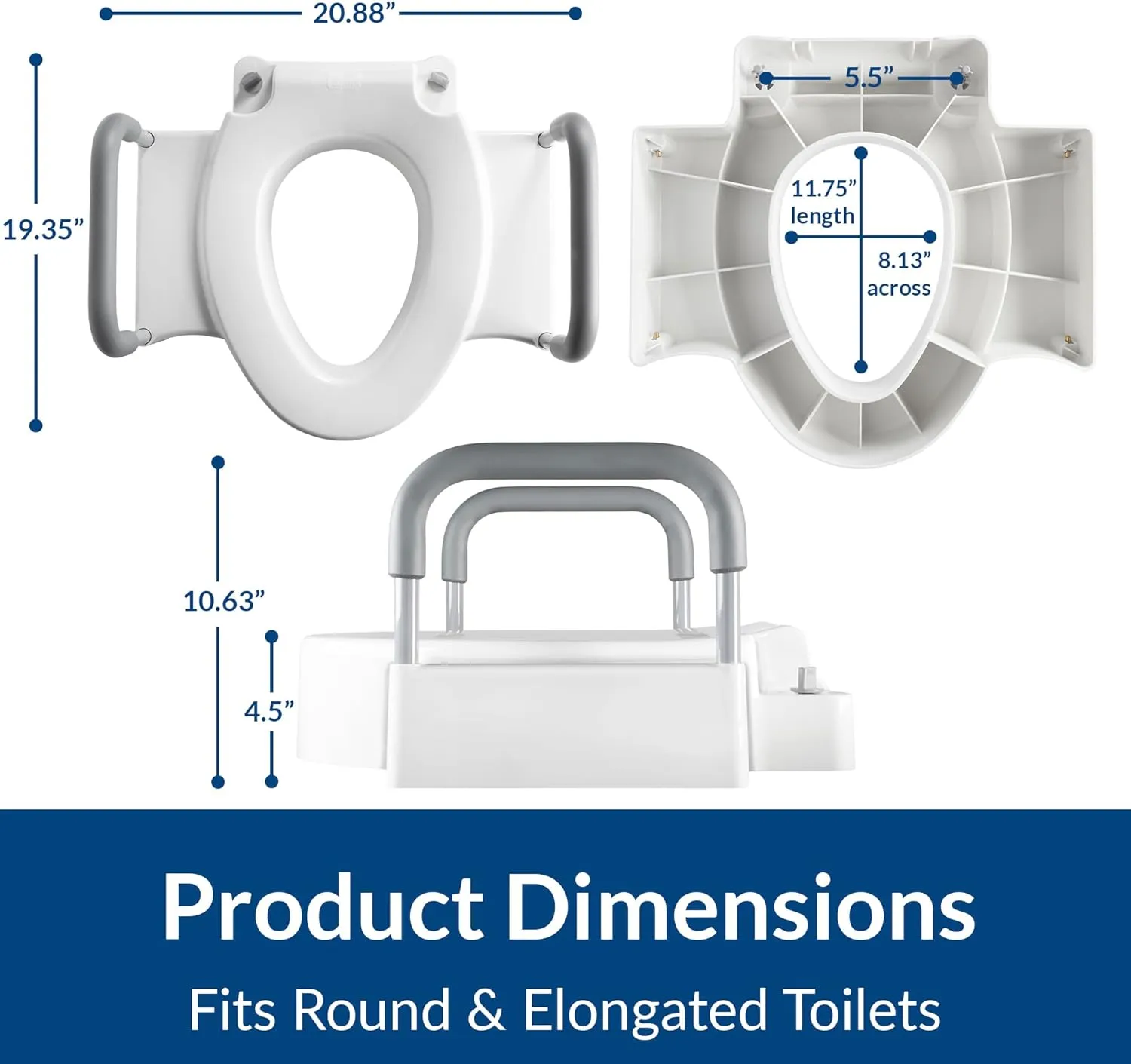 Bemis Rise 4.5" Raised Toilet Seat with Handles, Toilet Seat Riser for Seniors with Secure Hinges, Fits Round and Elongated
