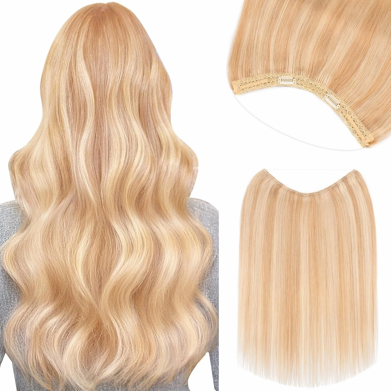 Benehair Halo Blonde Hair Extensions Real Human Hair Halo Extensions for Women 100% Human Hair Invisible Wire Hair Extensions Ash Blonde Highlights Bleach Blonde #18P613 16"