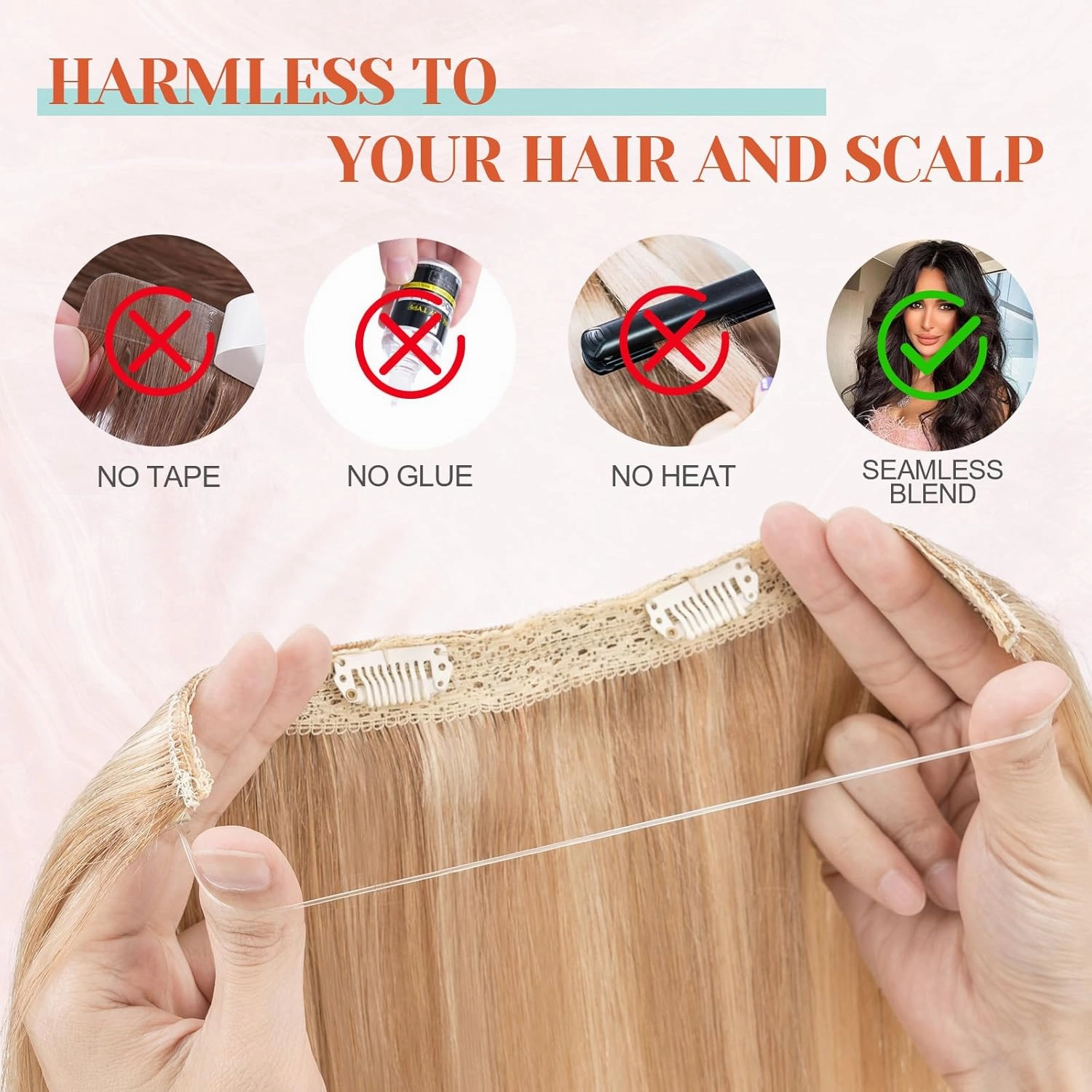 Benehair Halo Blonde Hair Extensions Real Human Hair Halo Extensions for Women 100% Human Hair Invisible Wire Hair Extensions Ash Blonde Highlights Bleach Blonde #18P613 16"