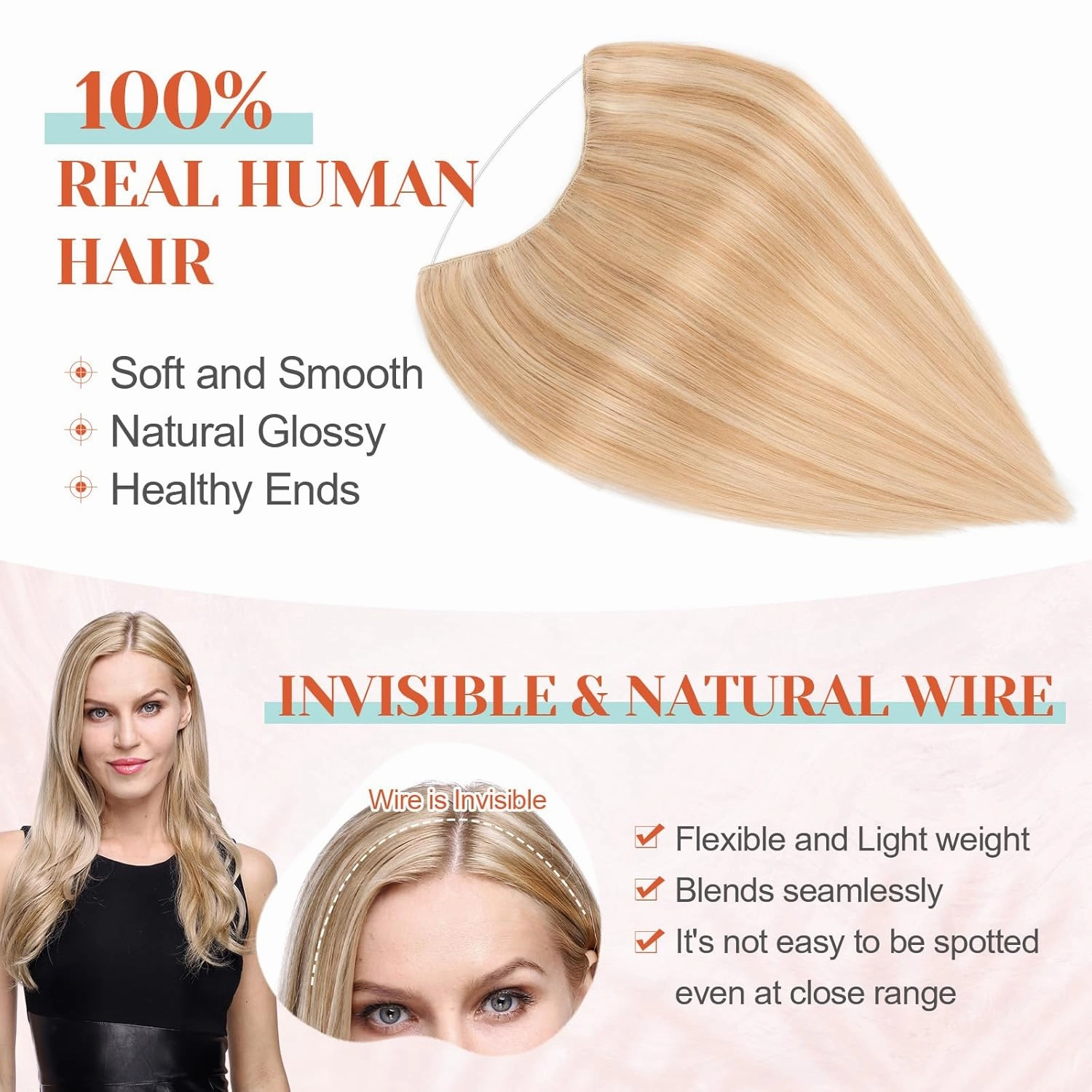 Benehair Halo Blonde Hair Extensions Real Human Hair Halo Extensions for Women 100% Human Hair Invisible Wire Hair Extensions Ash Blonde Highlights Bleach Blonde #18P613 16"