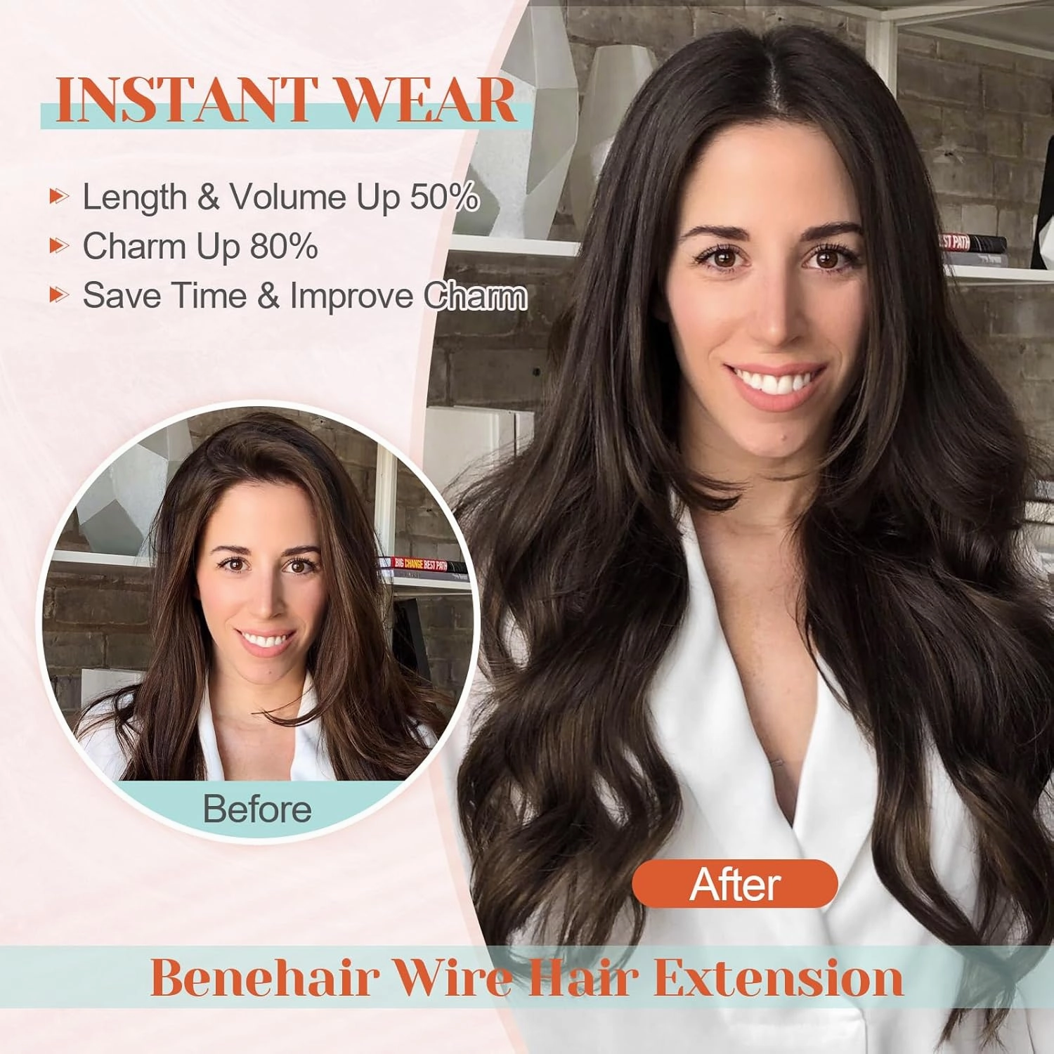 Benehair Halo Hair Extensions - 18 Inch Invisible Wire Remy Human Hair for Adding Volume - #06 Light Brown