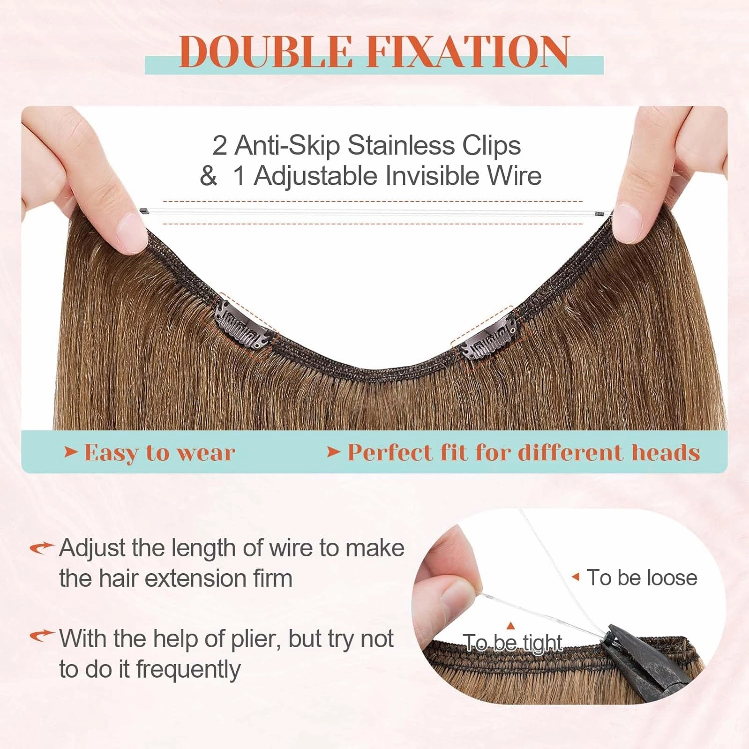 Benehair Halo Hair Extensions - 18 Inch Invisible Wire Remy Human Hair for Adding Volume - #06 Light Brown