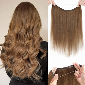 Benehair Halo Hair Extensions - 18 Inch Invisible Wire Remy Human Hair for Adding Volume - #06 Light Brown