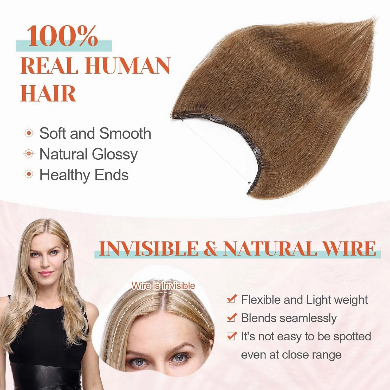 Benehair Halo Hair Extensions - 18 Inch Invisible Wire Remy Human Hair for Adding Volume - #06 Light Brown