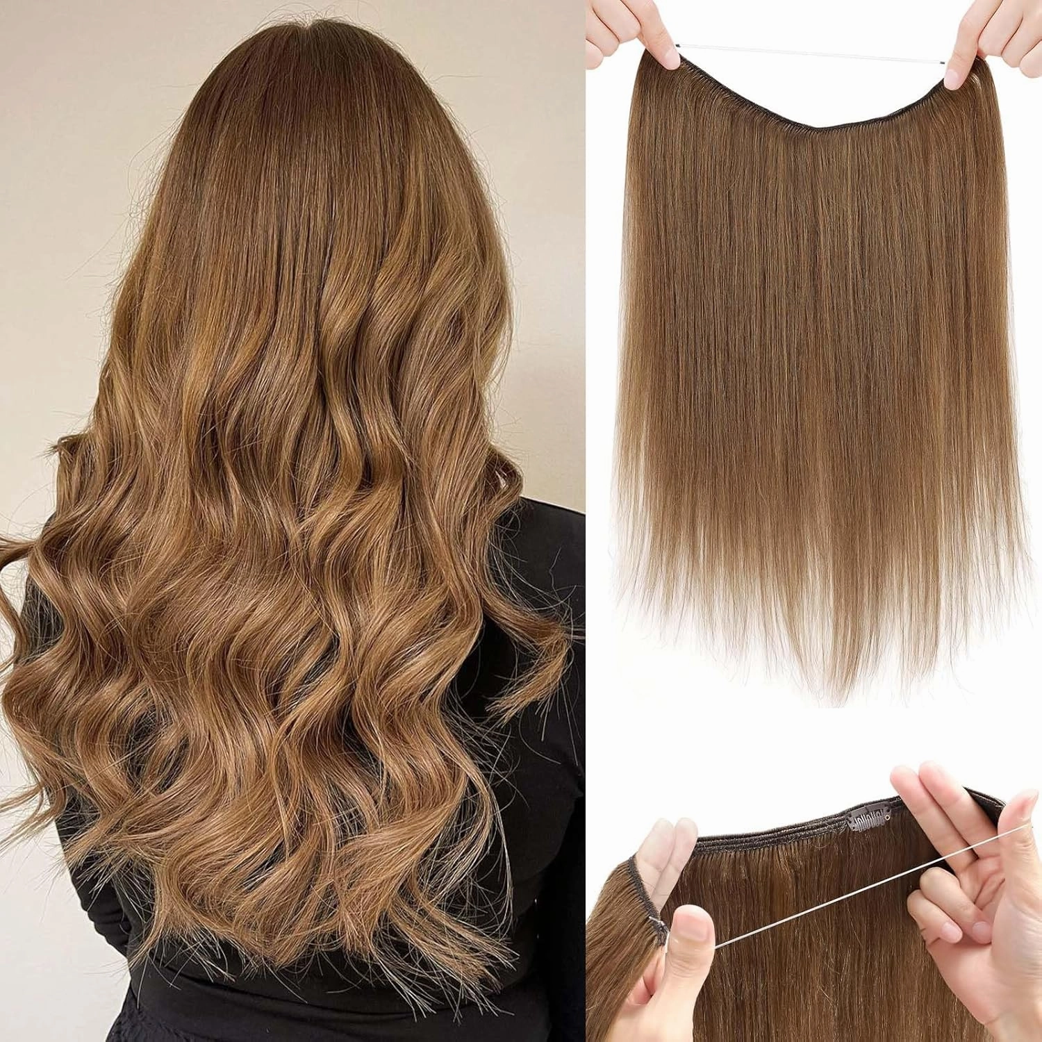 Benehair Halo Hair Extensions - 18 Inch Invisible Wire Remy Human Hair for Adding Volume - #06 Light Brown
