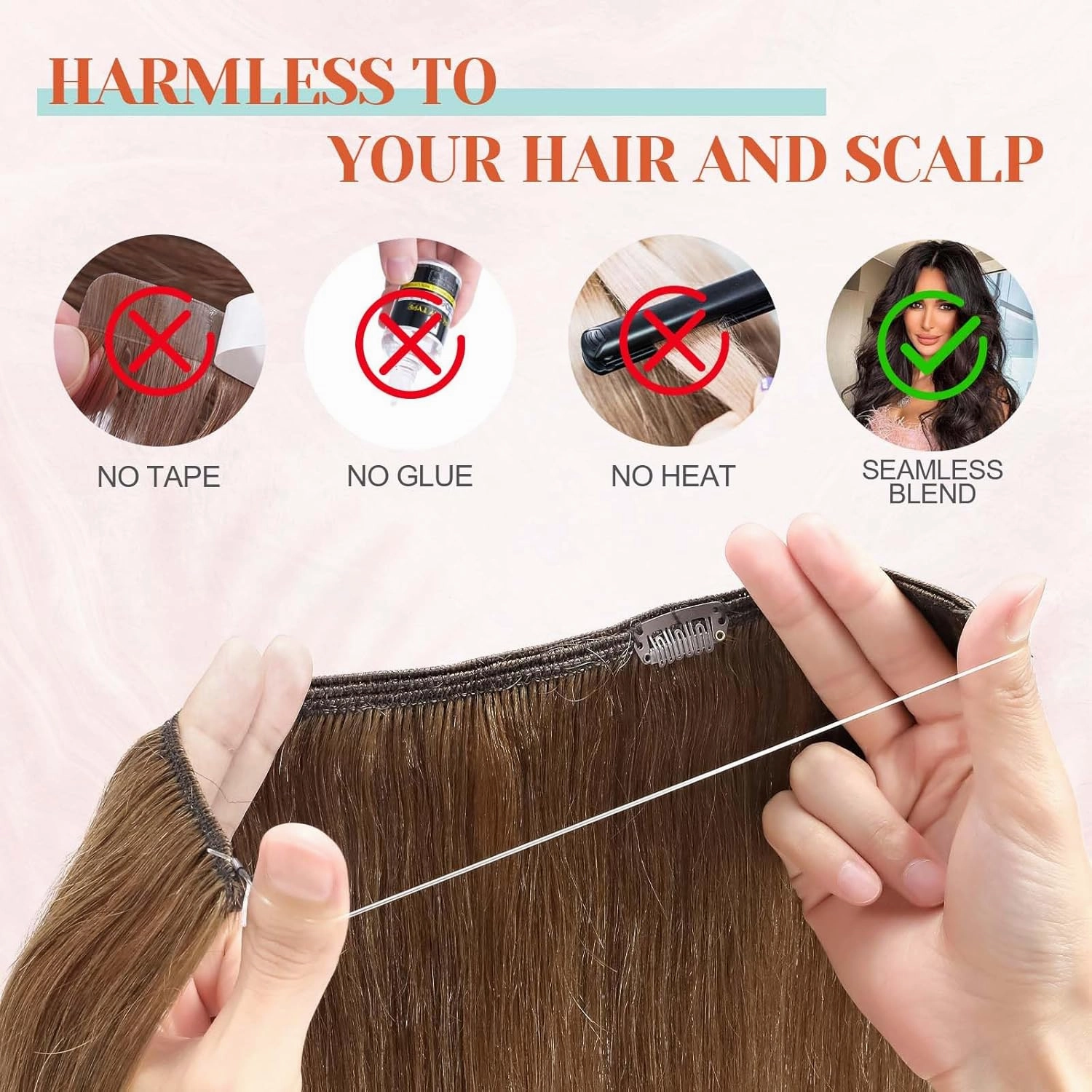 Benehair Halo Hair Extensions - 18 Inch Invisible Wire Remy Human Hair for Adding Volume - #06 Light Brown