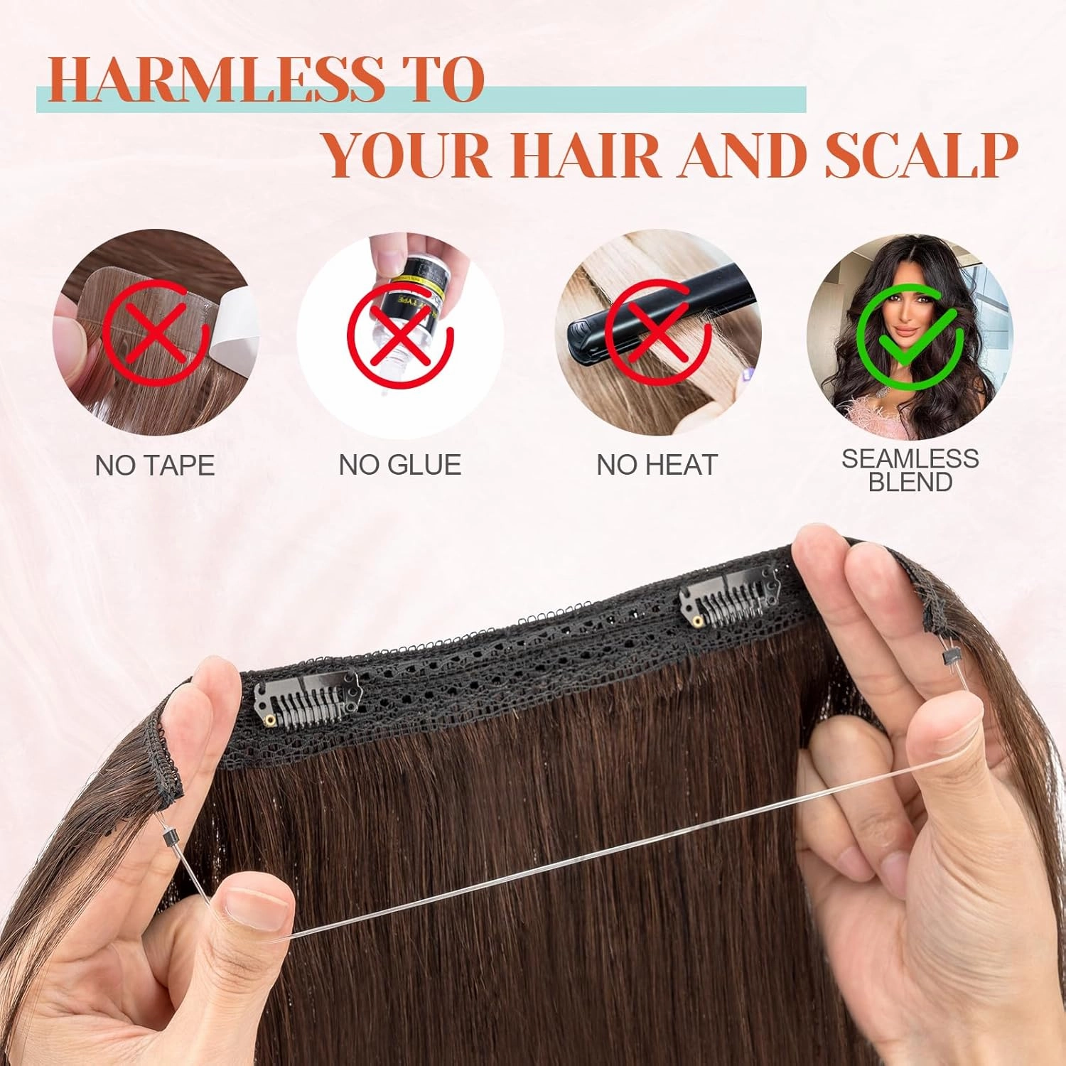 Benehair Halo Hair Extensions - 18 Inch Real Remy Human Hair for Adding Volume - Invisible Wire #02 Dark Brown