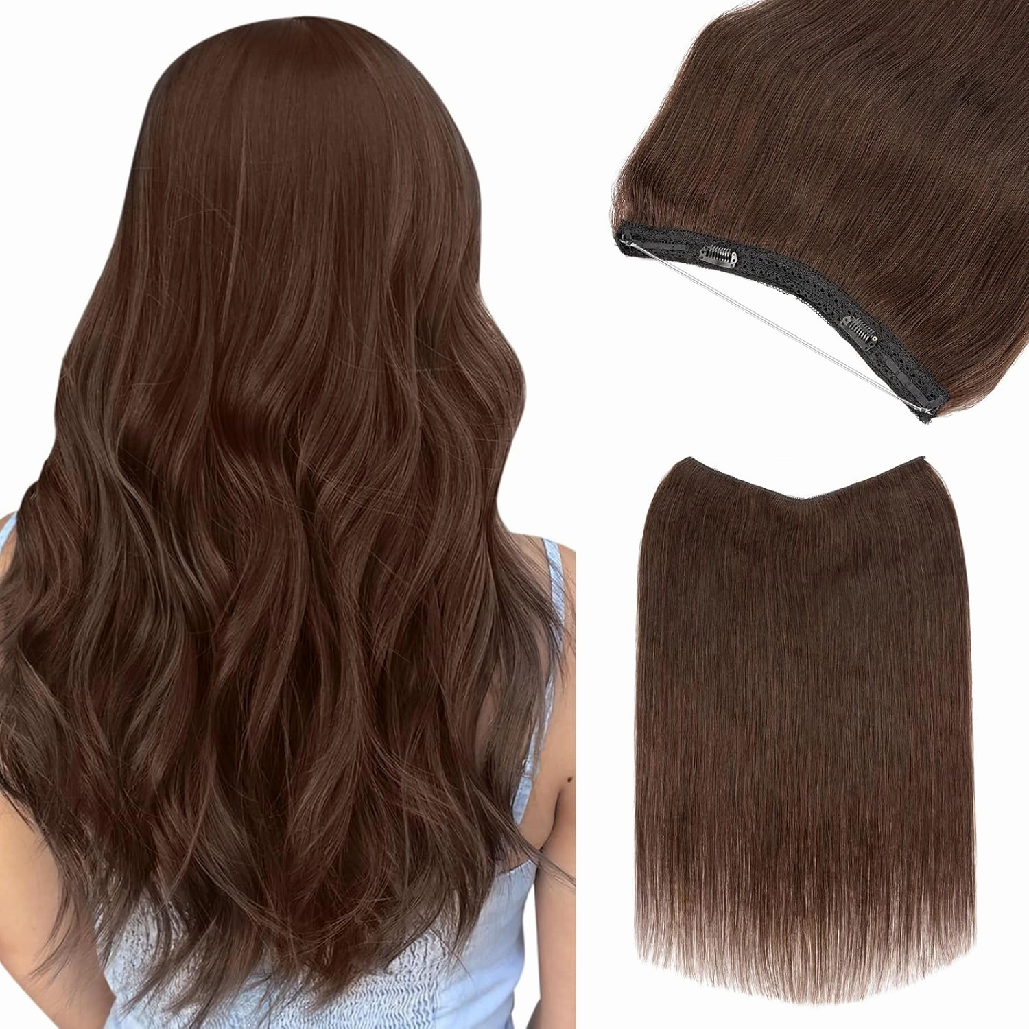 Benehair Halo Hair Extensions - 18 Inch Real Remy Human Hair for Adding Volume - Invisible Wire #02 Dark Brown