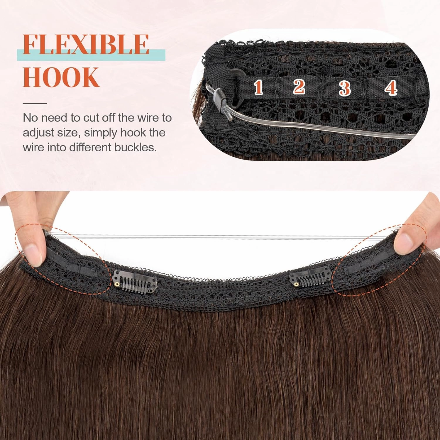 Benehair Halo Hair Extensions - 18 Inch Real Remy Human Hair for Adding Volume - Invisible Wire #02 Dark Brown