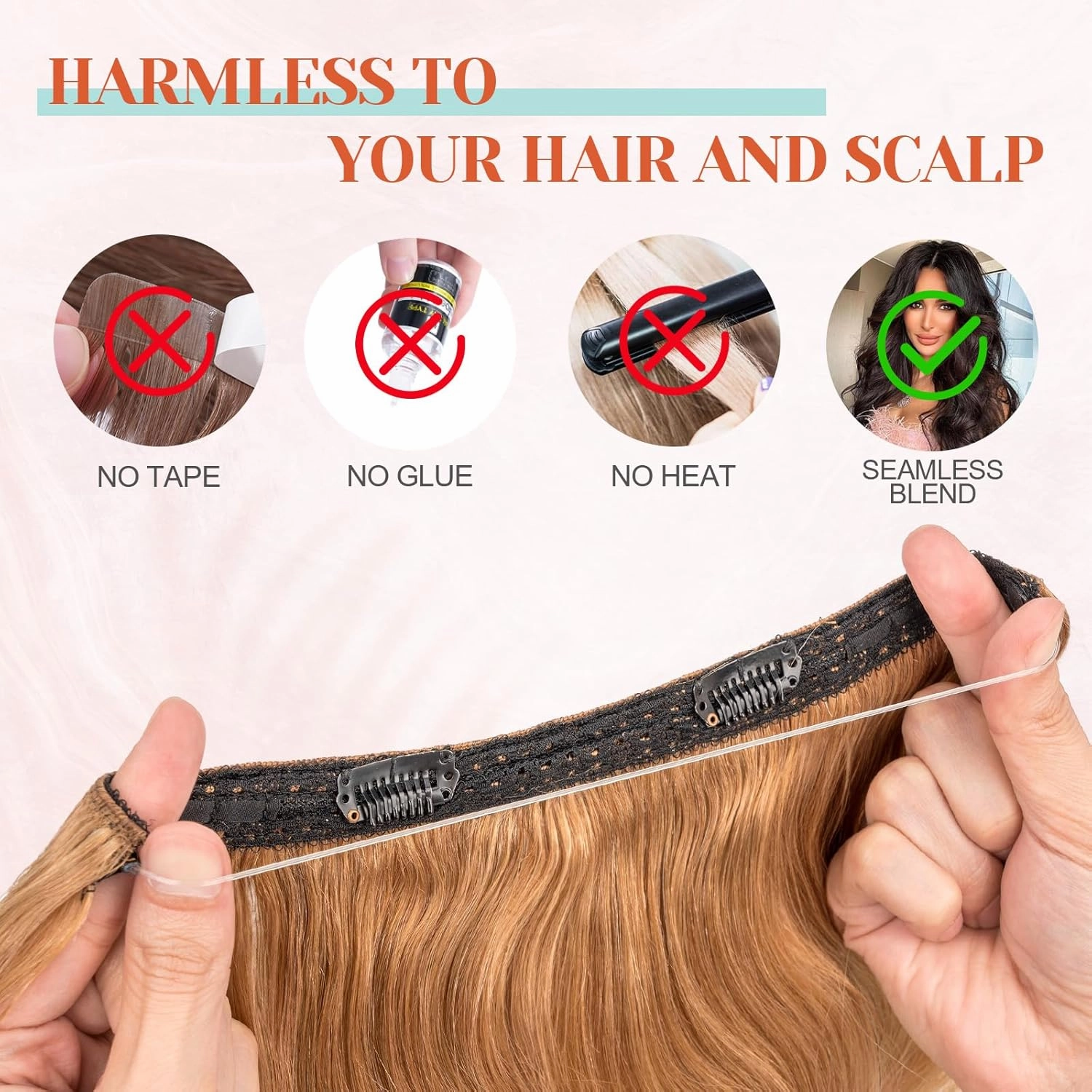 Benehair Halo Hair Extensions Real Human Hair, Blonde Halo Hair Extension 100% Human Hair, Wavy Halo Extensions, Curly Hair Halo Extensions, Wire Hair Extension, Dark Blonde 65g/16inch