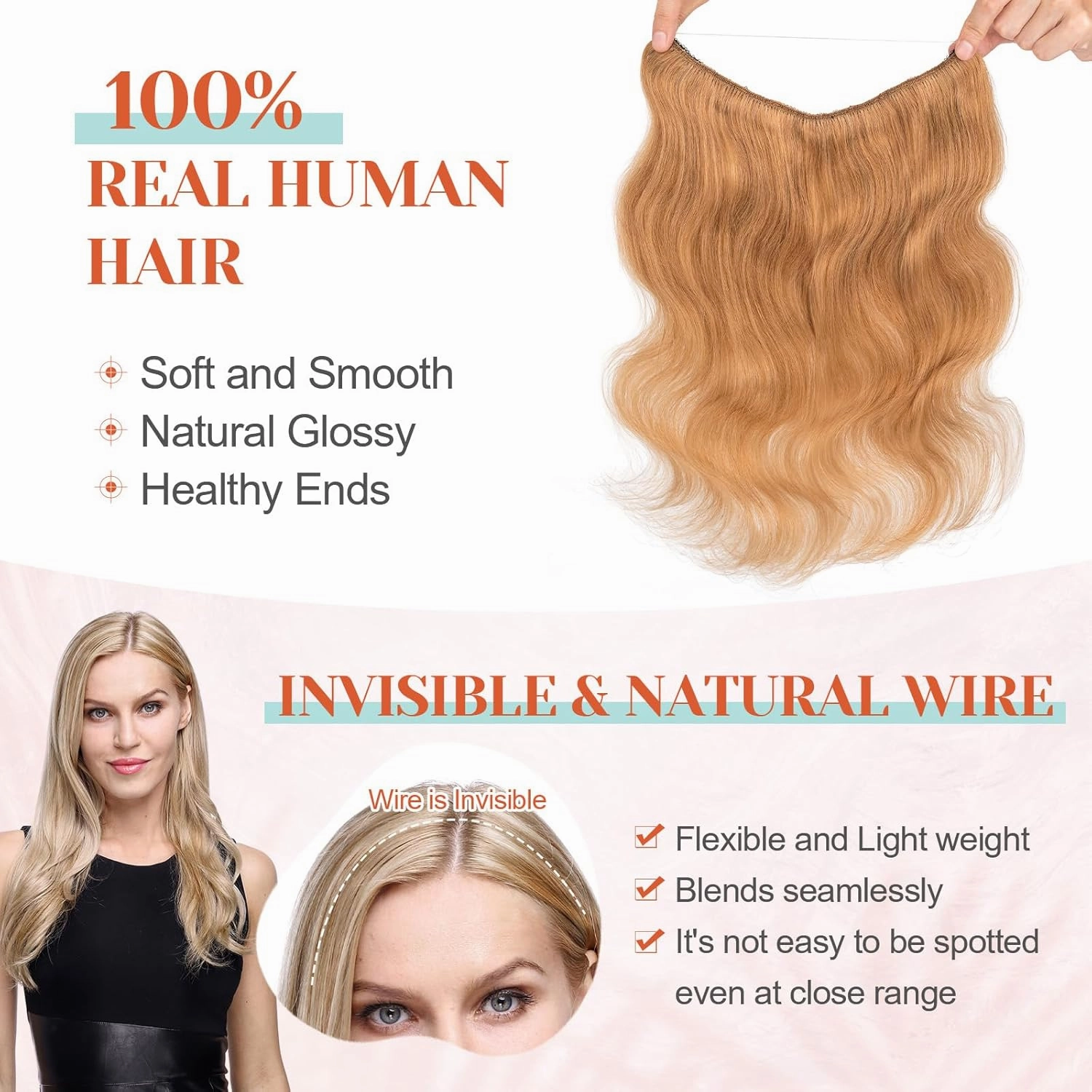 Benehair Halo Hair Extensions Real Human Hair, Blonde Halo Hair Extension 100% Human Hair, Wavy Halo Extensions, Curly Hair Halo Extensions, Wire Hair Extension, Dark Blonde 65g/16inch