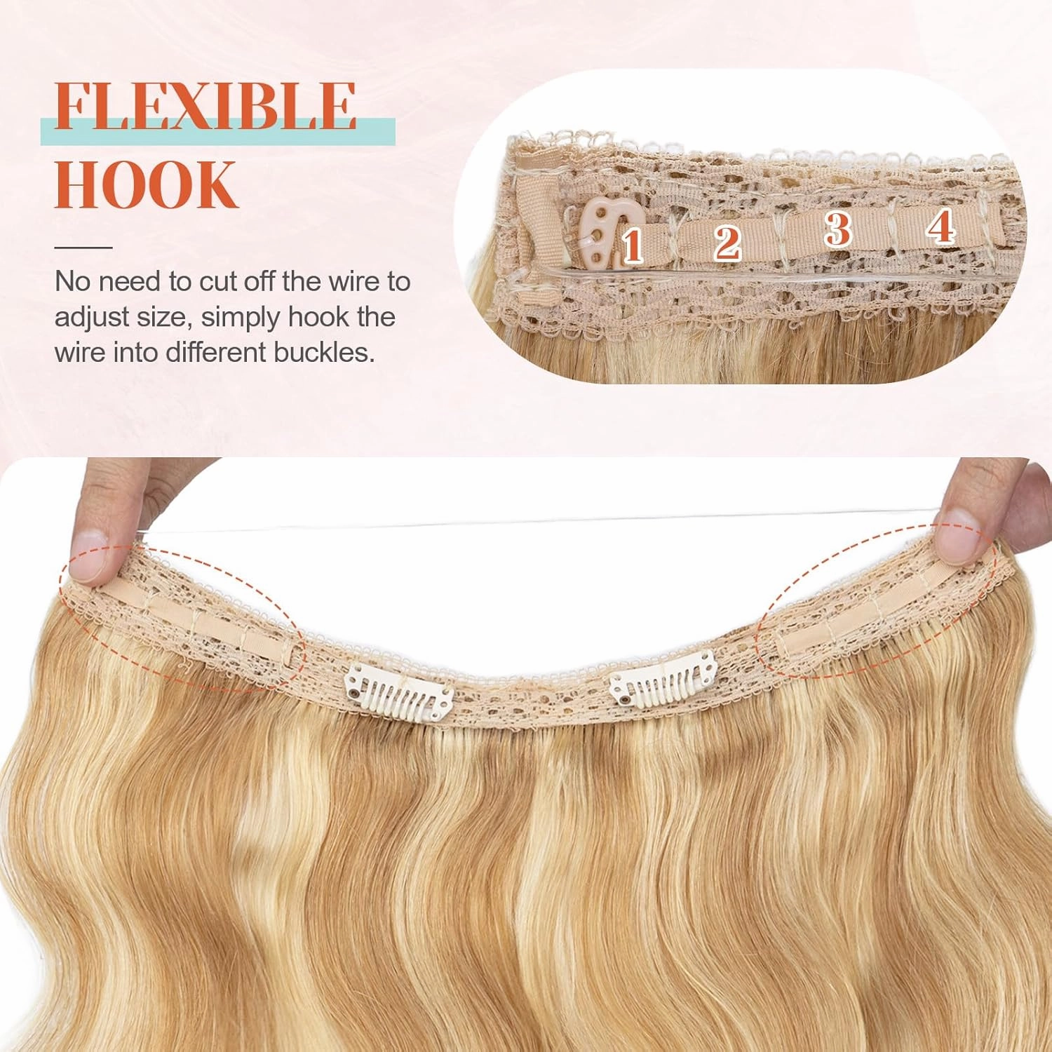 Benehair Ombre Halos Hair Extensions Human Hair Wavy for Women Full Head Hairpieces No Tape No Glue Seamless Fish Line Headband 16inch 115Gram for Adding Volume Ash Blonde&Bleach Blonde #18P613