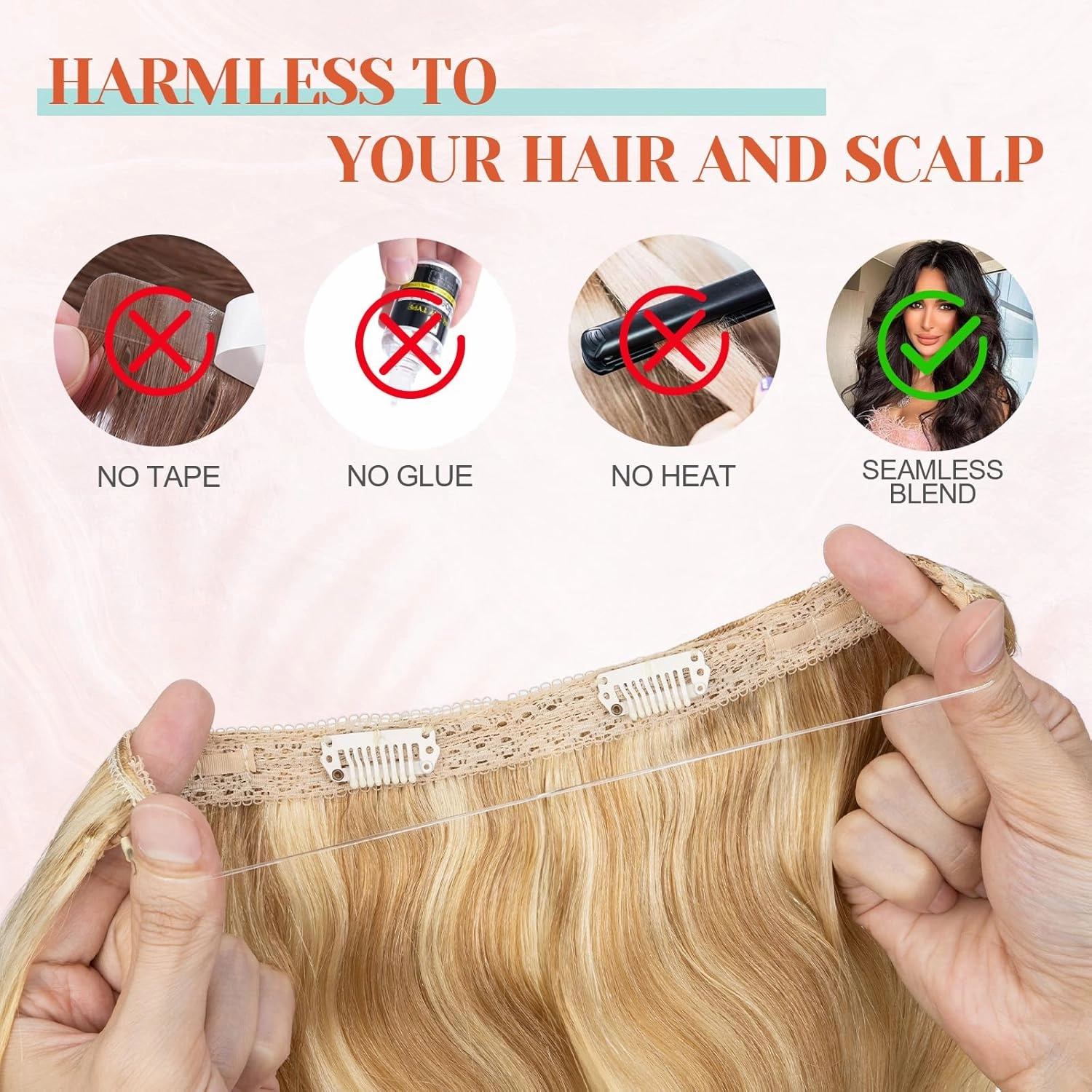 Benehair Ombre Halos Hair Extensions Human Hair Wavy for Women Full Head Hairpieces No Tape No Glue Seamless Fish Line Headband 16inch 115Gram for Adding Volume Ash Blonde&Bleach Blonde #18P613