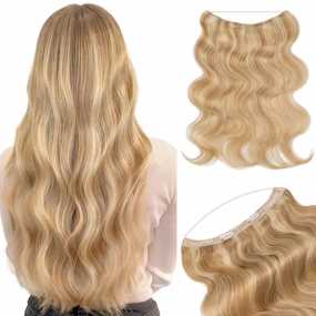 Benehair Ombre Halos Hair Extensions Human Hair Wavy for Women Full Head Hairpieces No Tape No Glue Seamless Fish Line Headband 16inch 115Gram for Adding Volume Ash Blonde&Bleach Blonde #18P613