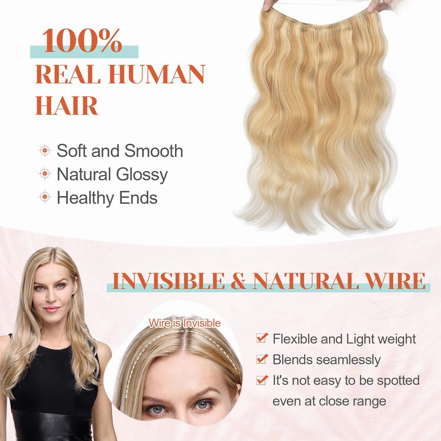 Benehair Ombre Halos Hair Extensions Human Hair Wavy for Women Full Head Hairpieces No Tape No Glue Seamless Fish Line Headband 16inch 115Gram for Adding Volume Ash Blonde&Bleach Blonde #18P613
