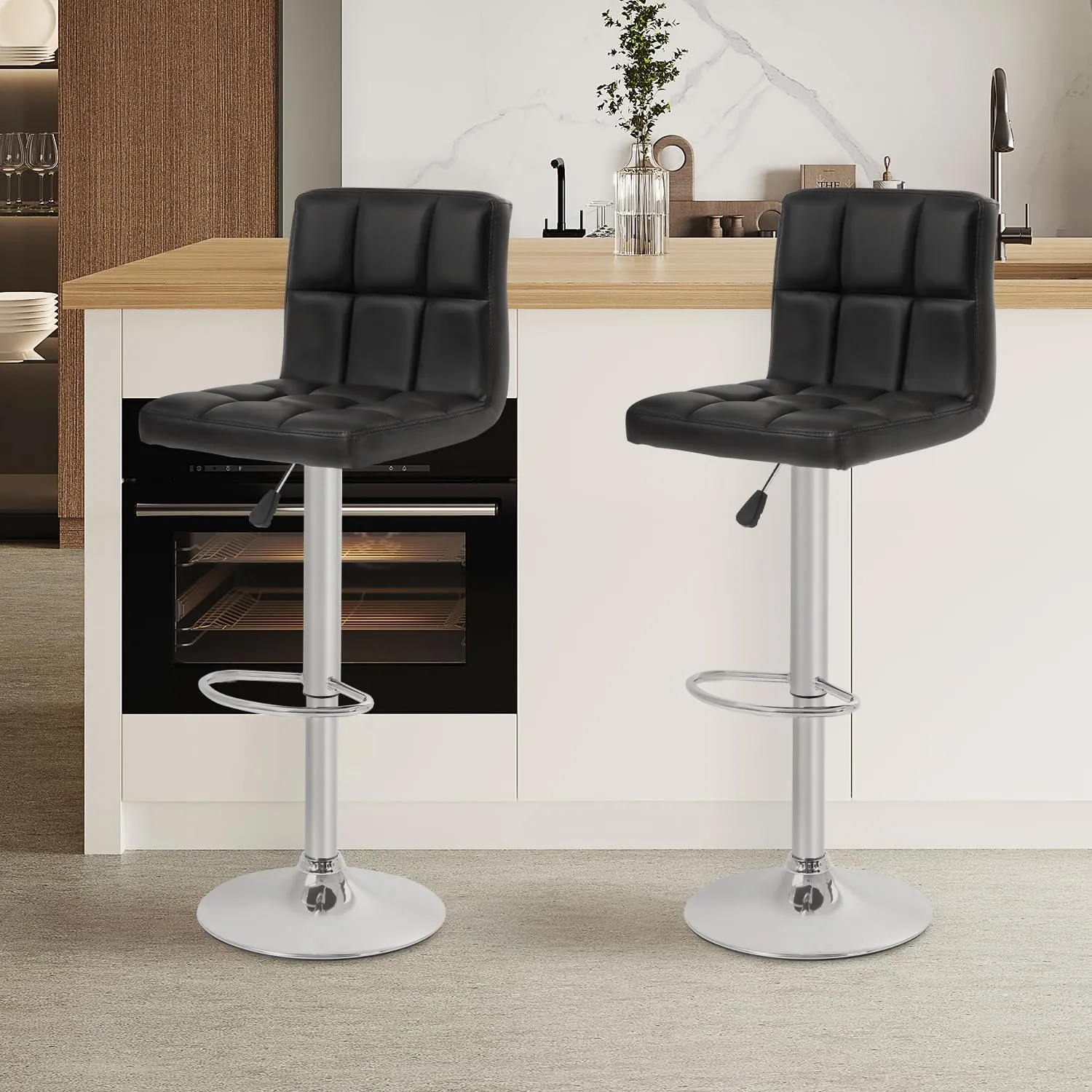 BestOffice Bar Stools Set of 2, Adjustable PU Leather Swivel Barstools, Modern Counter Stools with Back and Footrest, Counter Height Barstools for Bar, Kitchen and Dining Room